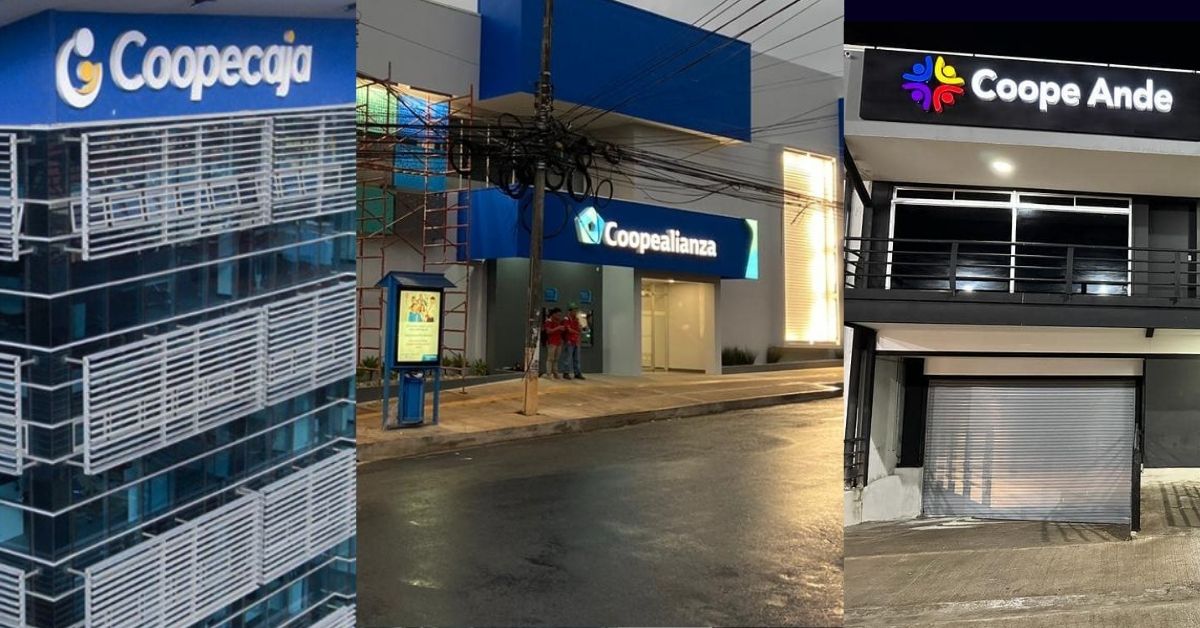 Edificios de las cooperativas Coopecaja, Coopealianza y Coope Ande en Costa Rica