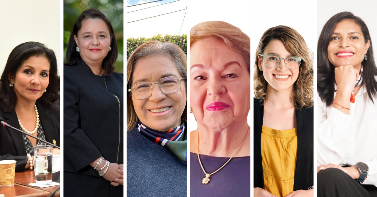 De izquierda a derecha, según el tamaño de su fracción: Paulina Ramírez, del PLN; y Vanessa Castro, quienes ya han sido diputadas; Ada Acuña, del PPSD; Gloria Navas, del PRN, la legisladora electa de mayor edad; Priscilla Vindas, del FA, la más joven; y Johana Obando, del PLP.