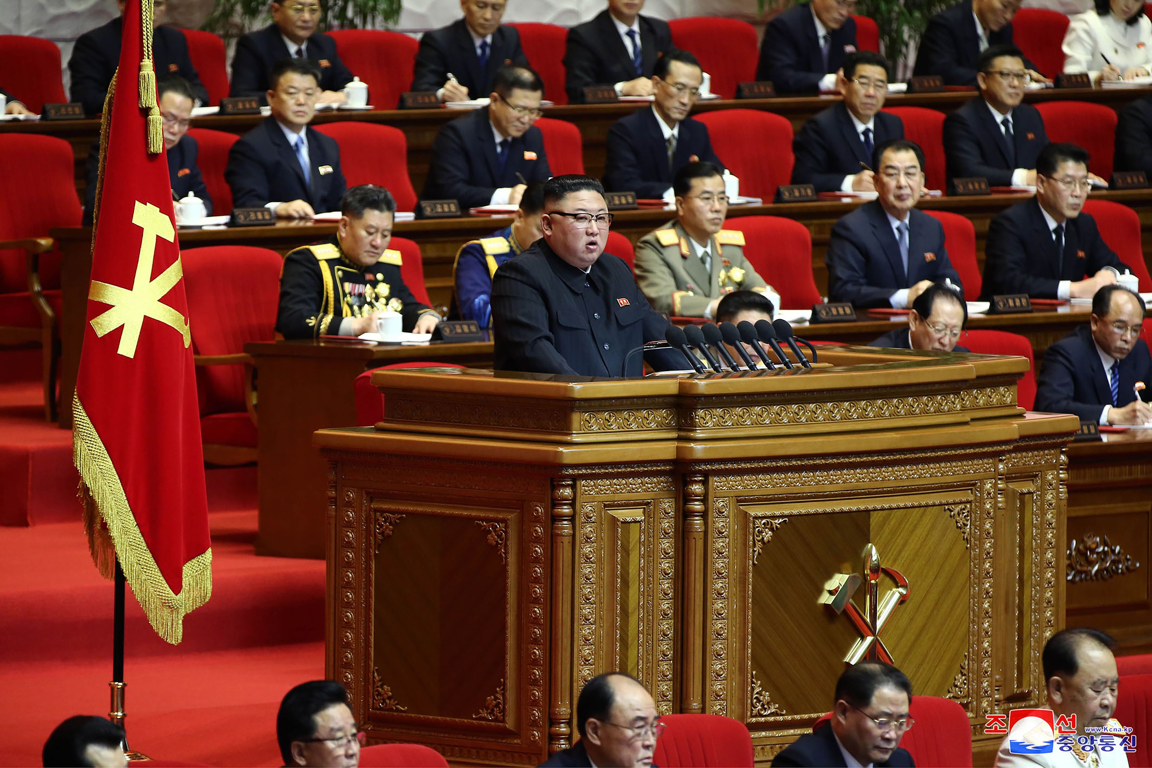 This picture taken on January 12, 2021 and released from North Korea's official Korean Central News Agency (KCNA) on January 13 shows North Korean leader Kim Jong Un delivering a speech to conclude the 8th Congress of the Workers' Party of Korea (WPK) in Pyongyang. (Photo by - / KCNA VIA KNS / AFP) / - South Korea OUT / REPUBLIC OF KOREA OUT ---EDITORS NOTE--- RESTRICTED TO EDITORIAL USE - MANDATORY CREDIT "AFP PHOTO/KCNA VIA KNS" - NO MARKETING NO ADVERTISING CAMPAIGNS - DISTRIBUTED AS A SERVICE TO CLIENTS
THIS PICTURE WAS MADE AVAILABLE BY A THIRD PARTY. AFP CAN NOT INDEPENDENTLY VERIFY THE AUTHENTICITY, LOCATION, DATE AND CONTENT OF THIS IMAGE. /