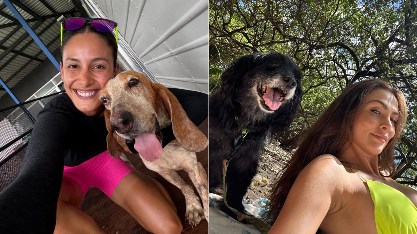 Imagen compuesta de Johanna Solano abrazando a su perro Orejas y Karina Ramos acostada en la playa acompañada por su perro Tommy.