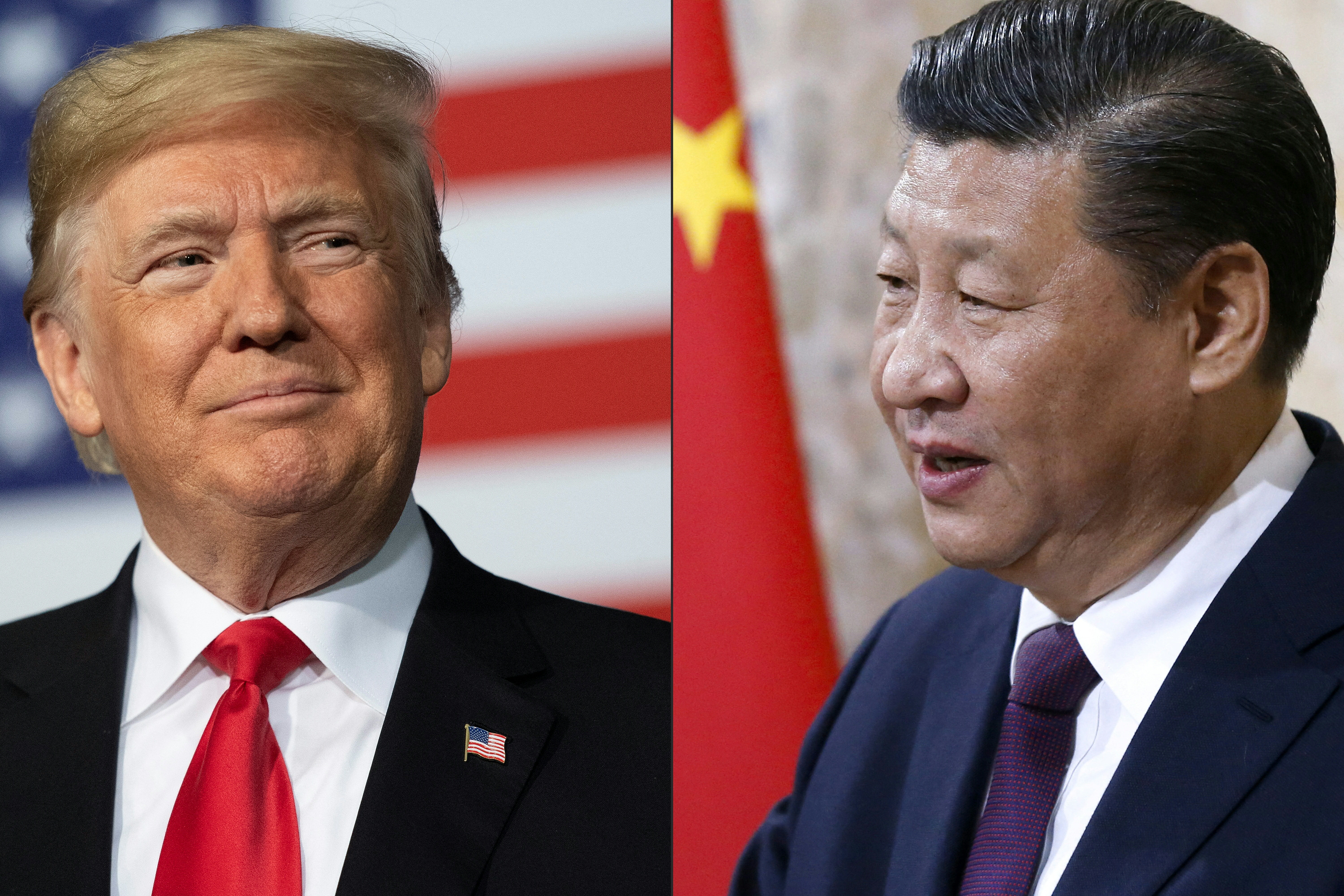 (COMBO) This combination of pictures created on May 14, 2020 shows recent portraits of
Donald Trump y Xi Jinping en imágenes separadas, con banderas de EE. UU. y China al fondo, en el contexto de un conflicto comercial que afectó la entrega de aviones Boeing.