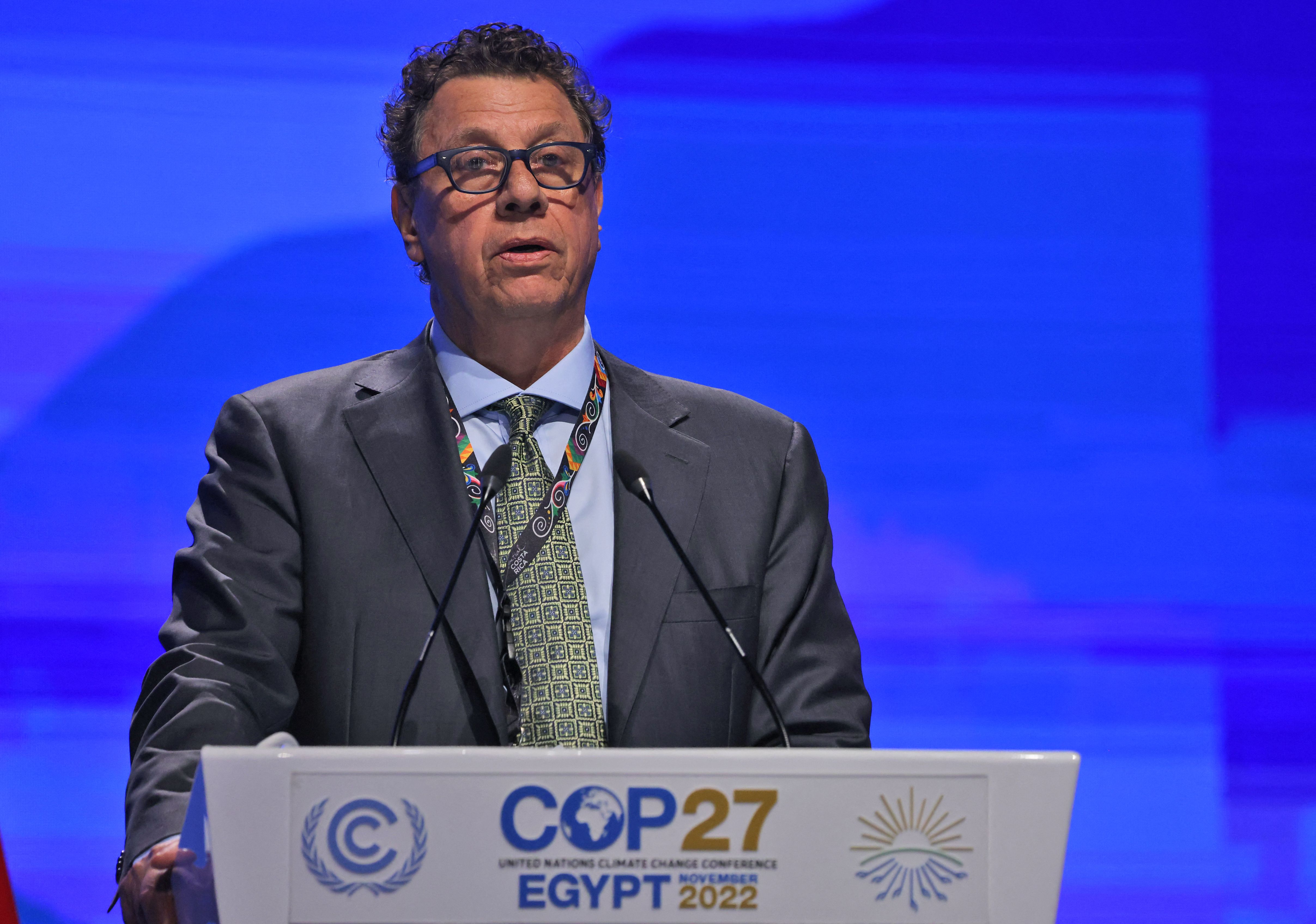 Franz Tattenbach, Costa Rica's Minister of Environment and Energy, speaks at the COP27 climate conference in Egypt's Red Sea resort city of Sharm el-Sheikh on November 15, 2022. (Photo by AHMAD GHARABLI / AFP)