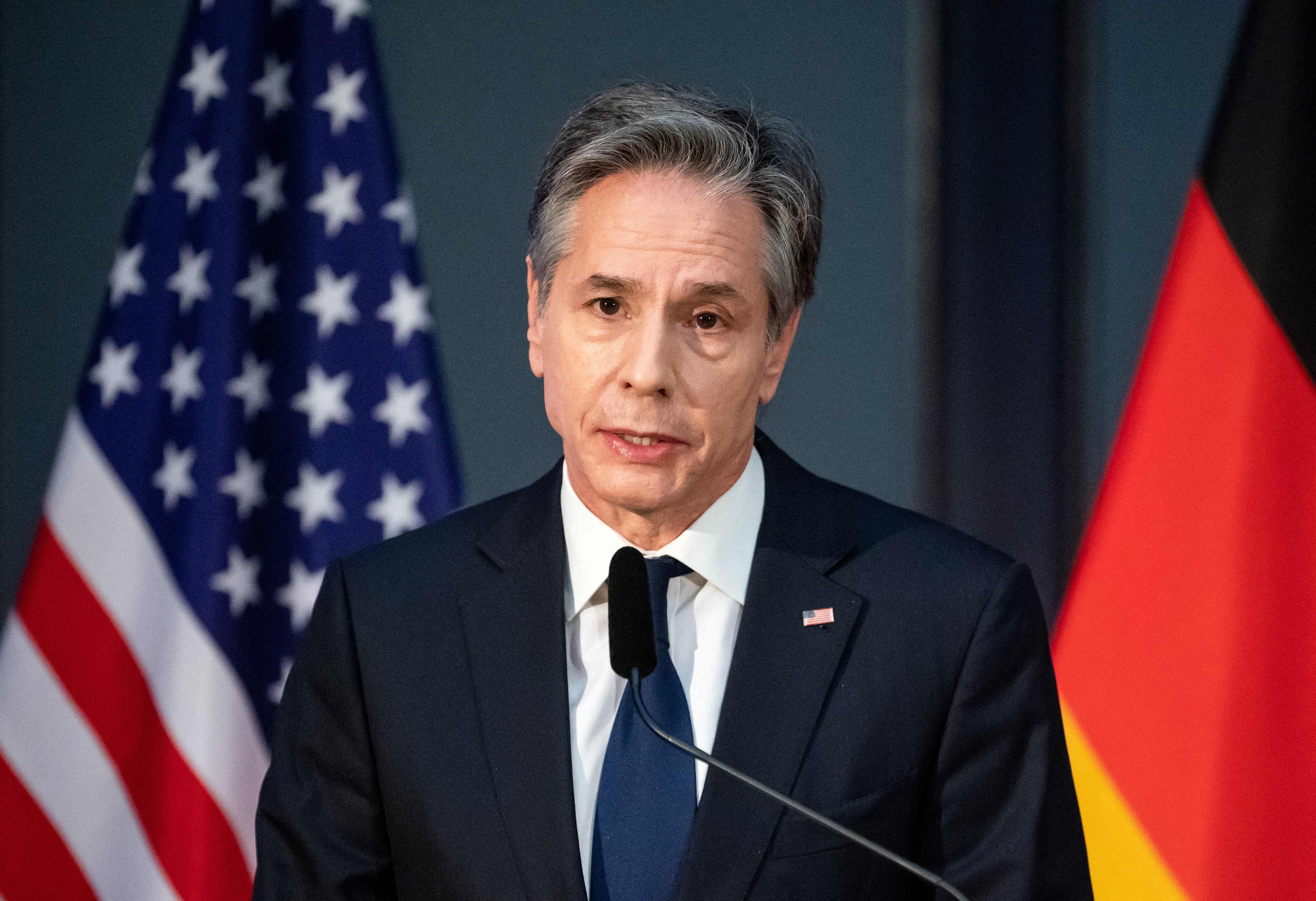 US Secretary of State Antony Blinken speaks at a joint event organized by the German Marshall Fund, the American Council on Germany, non-profit association 'Atlantik-Bruecke' and the Aspen Institute at the Berlin-Brandenburg Academy of Sciences in Berlin on January 20, 2022. (Photo by Bernd Von Jutrczenka / POOL / AFP)