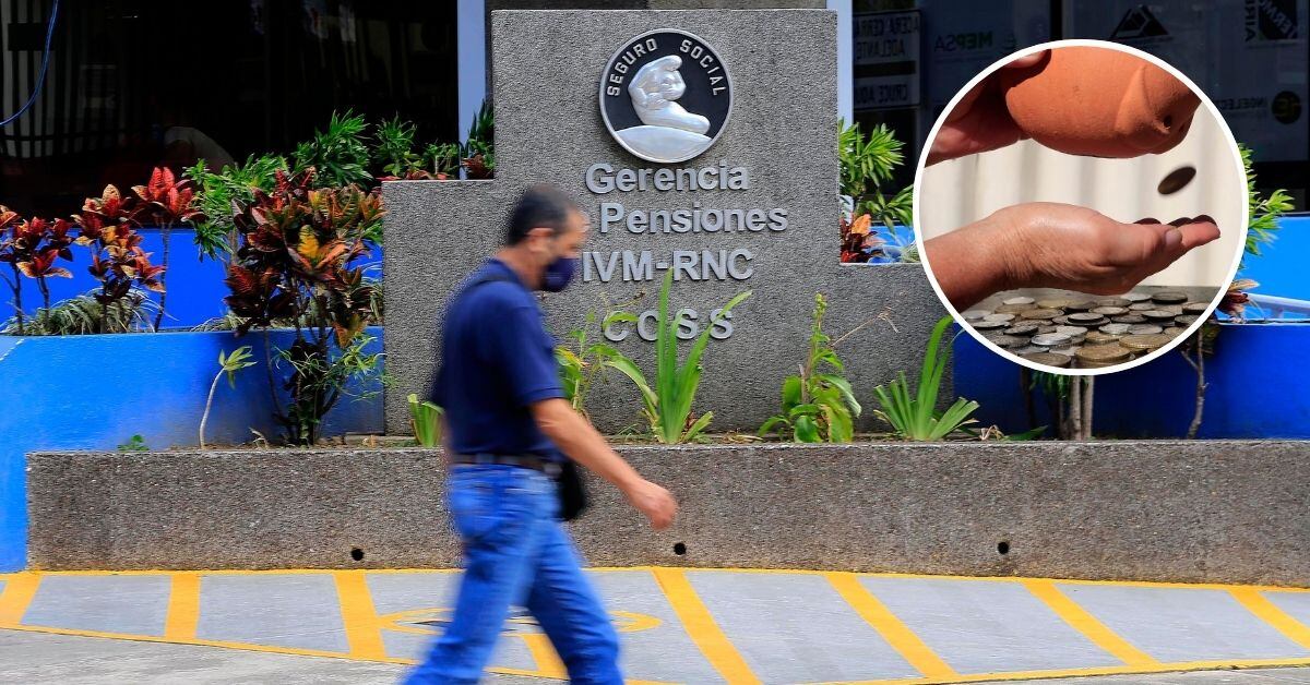 En la imagen la fachada de la gerencia de pensiones del IVM y en una burbuja un chancho de cerámica con monedas cayendo