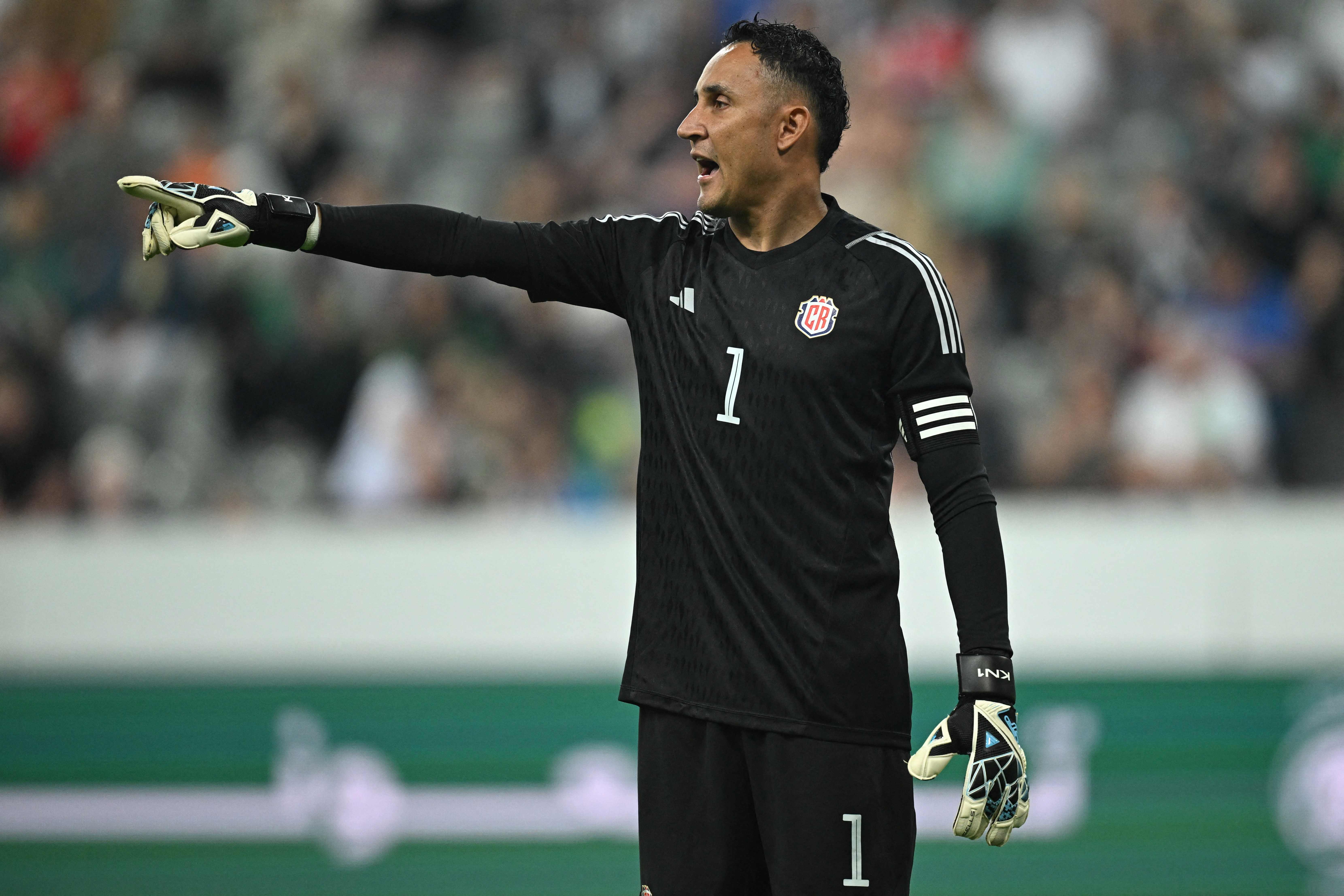 Costa Rica's goalkeeper Keylor Navas gestures during the international friendly football match between Saudi Arabia and Costa Rica at St James' Park in Newcastle-upon-Tyne, northeast England, on September 8, 2023. (Photo by Oli SCARFF / AFP)