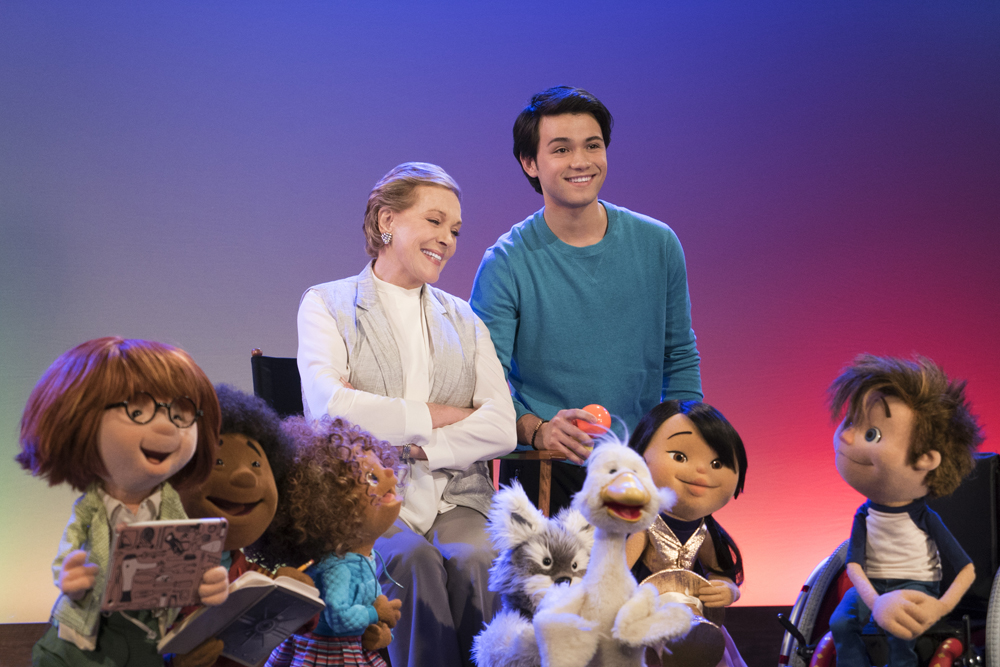 Netflix, the worldÕs leading Internet TV network, announced today that award-winning actress Julie Andrews will star in JulieÕs Greenroom, a new preschool show from The Jim Henson Company that features an all-new puppet cast of kids learning about the performing arts. The series will be available exclusively to Netflix members globally in early 2017. From left; Yomo, Bingo, Fizz, Julie Andrews, Gus (Guillian Gioiello), Toby, Hugo, Nimble and Hank, shown. (Photo: Ali Goldstein/Netflix)