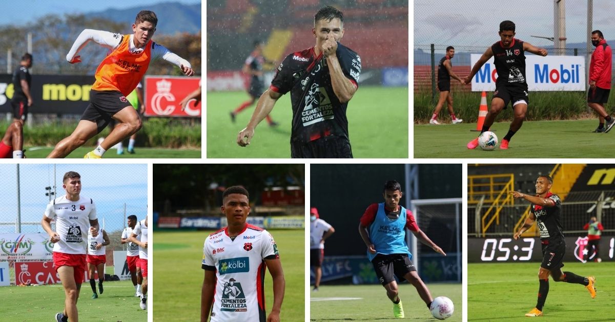 Brandon Aguilera, Carlos Mora, Geancarlo Castro, Fernán Faerron, Ian Lawrence, Aarón Suárez y Jurguens Montenegro son los siete jugadores de Alajuelense que suman minutos para la regla Sub 21. Fotografías: Prensa Alajuelense