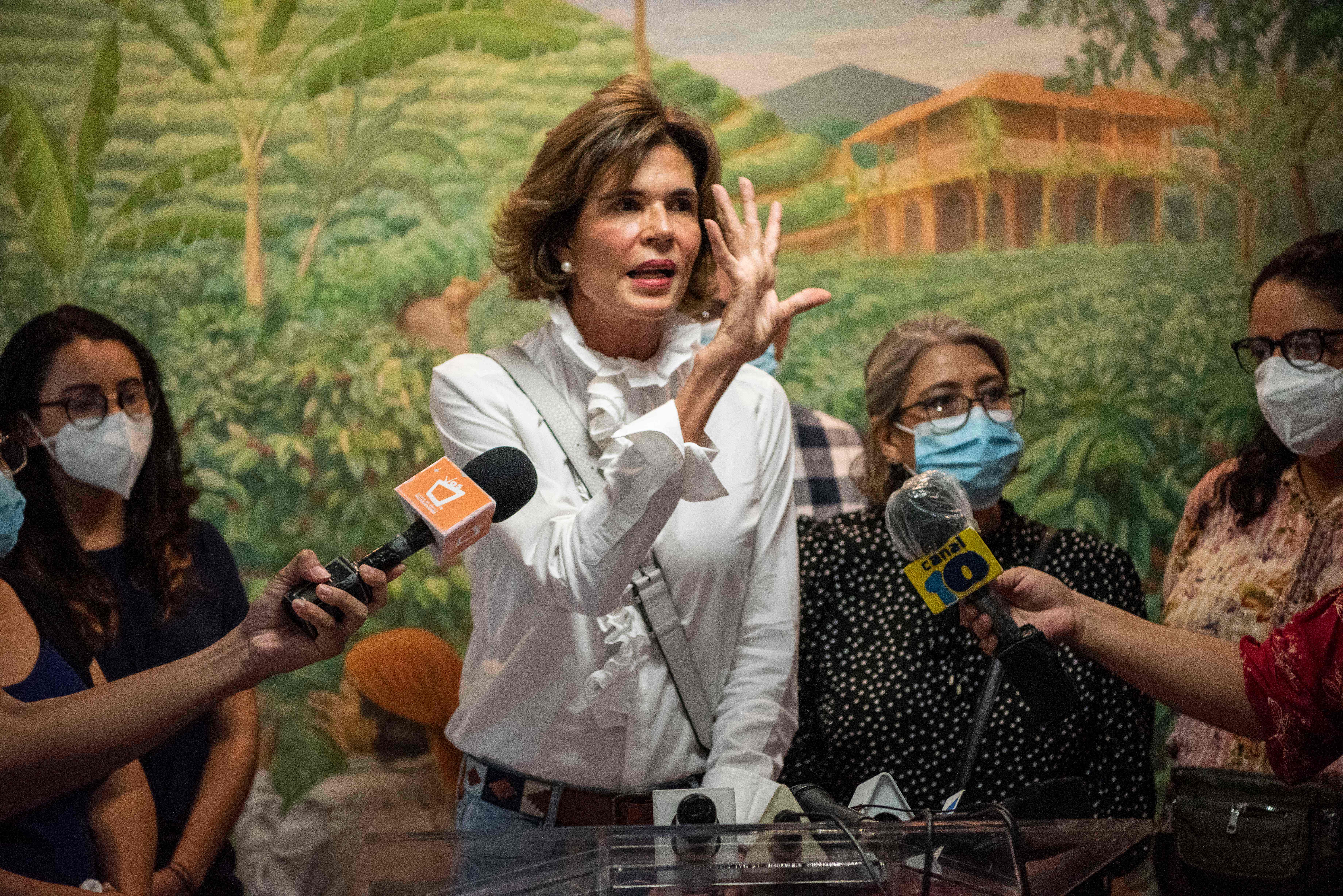Cristiana Chamorro, former director of the Violeta Barrios de Chamorro Foundation and pre-presidential candidate, gives a press conference after the detention of two of her former employees by the national police and their retention for 90 days for alleged laundering of assets, in Managua on May 31, 2021. - The government of Daniel Ortega increased its siege of the opposition and the independent media with legal and police actions in order to pave the way for his reelection in November, according to human rights organizations. (Photo by Inti OCON / AFP)