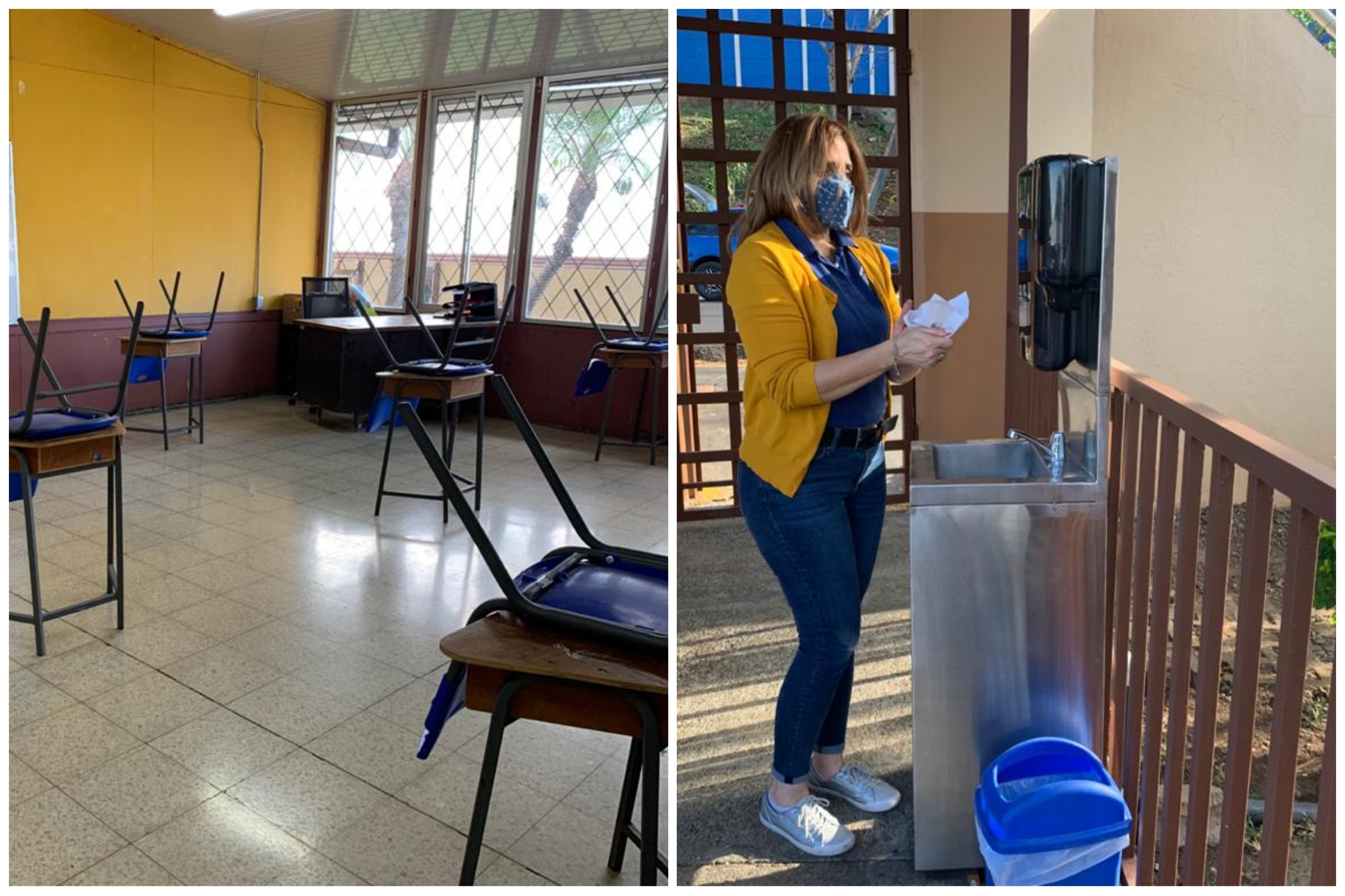 El protocolo sanitario para el regreso a clases presenciales ya está listo en el Liceo de Escazú. Los pupitres están separados y el lavamanos espera a los estudiantes en la. Entrada. En la foto la directora de ese colegio, Ana Rodríguez. Foto Ana Rodríguez.