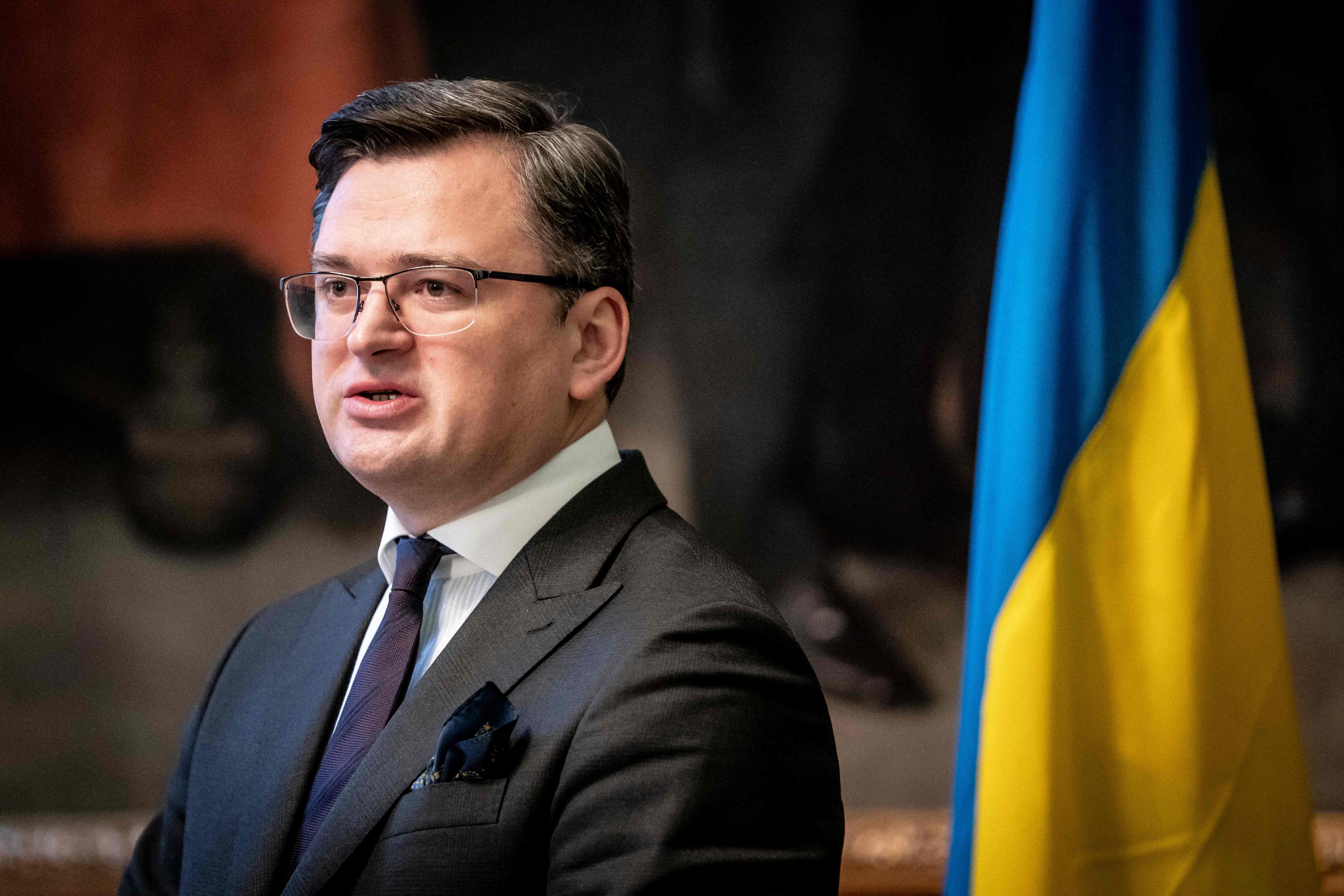 Ukrainian Foreign Minister Dmytro Kuleba gives a statement with his Danish counterpart (not in picture) at Christiansborg in Copenhagen, Denmkark, on January 27, 2022. - Ukrainian Foreign Minister Dmytro Kuleba is on a two-day visit to Denmark. (Photo by Mads Claus Rasmussen / Ritzau Scanpix / AFP) / Denmark OUT