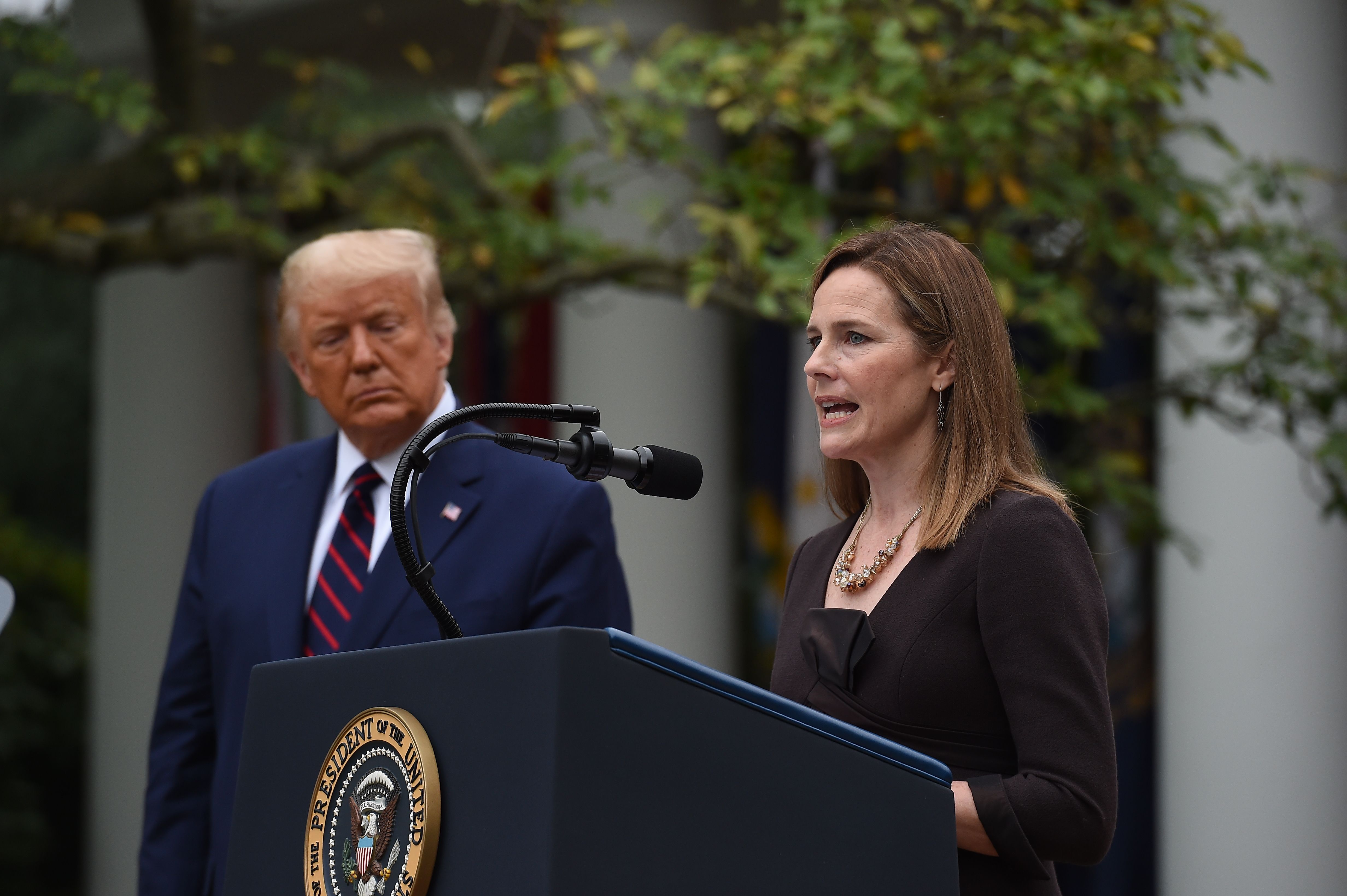 Judge Amy Coney Barrett speaks after being nominated to the US Supreme Court by President Donald Trump in the Rose Garden of the White House in Washington, DC on September 26, 2020. - Barrett, if confirmed by the US Senate, will replace Justice Ruth Bader Ginsburg, who died on September 18. (Photo by Olivier DOULIERY / AFP)
