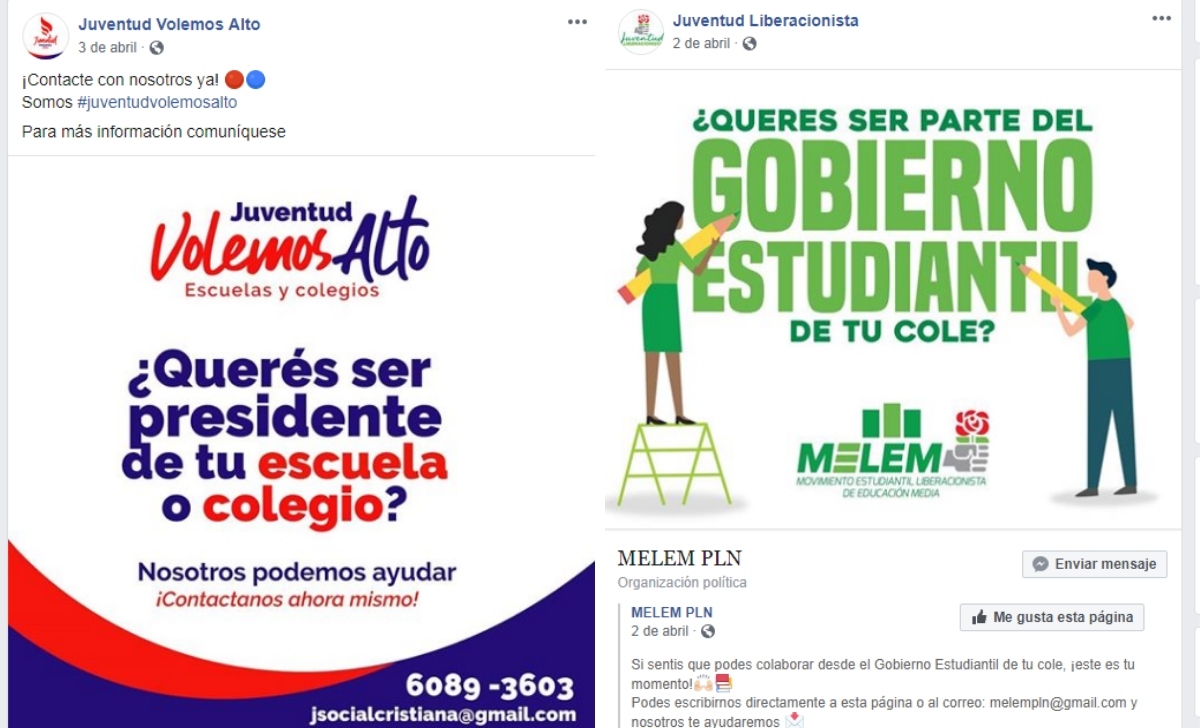 Páginas de movimientos de juventud del PLN y el PUSC ofrecieron ayuda a los jóvenes interesados en incursionar en la política estudiantil.