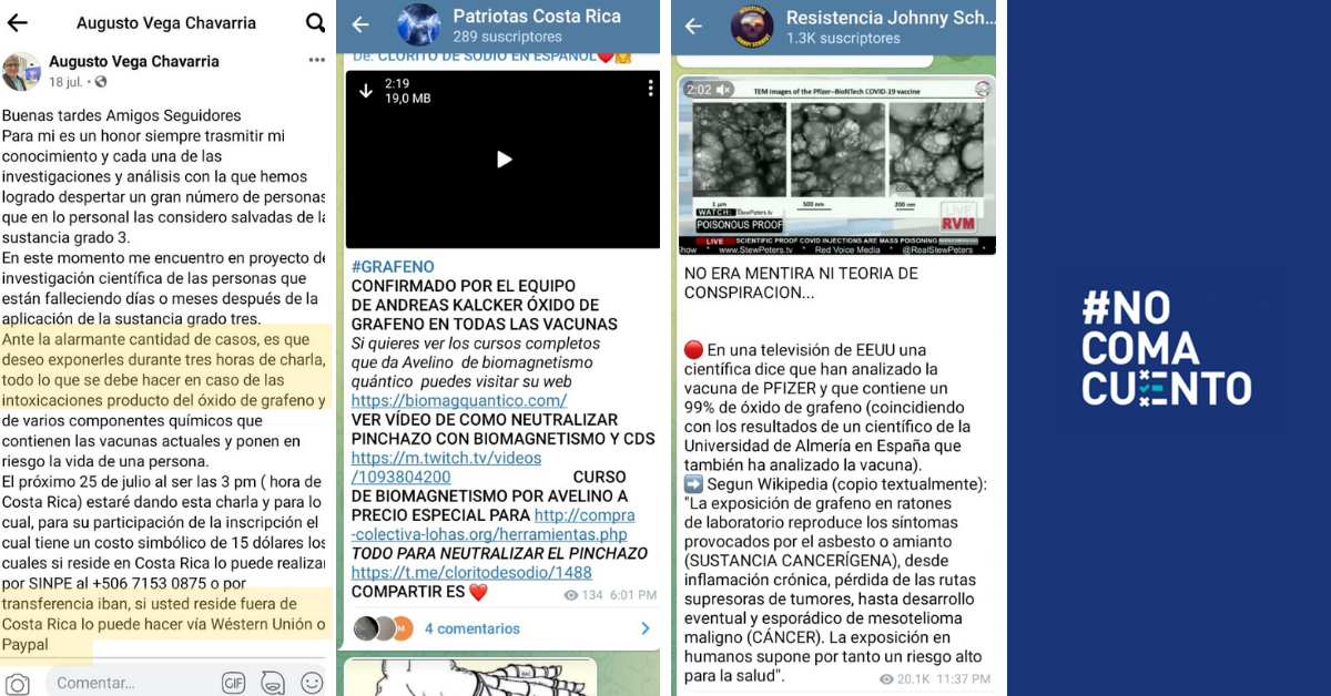 El médico Augusto Vega promociona en su página de Facebook una charla de tres horas, por la que cobra $15, en la que brinda supuestos consejos para contrarrestar la "intoxicación" con dióxido de grafeno. Los canales de Telegram Resistencia Johnny Schmidt y Patriotas Costa Rica también desinforman sobre este tema.