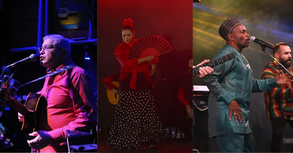 Collage con fotos de Carlos Guzmán de Gaviota, grupo Tablao Flamenco Mestizzo y la banda Marfil para ilustrar contenido sobre la música tica en el FIA 2024