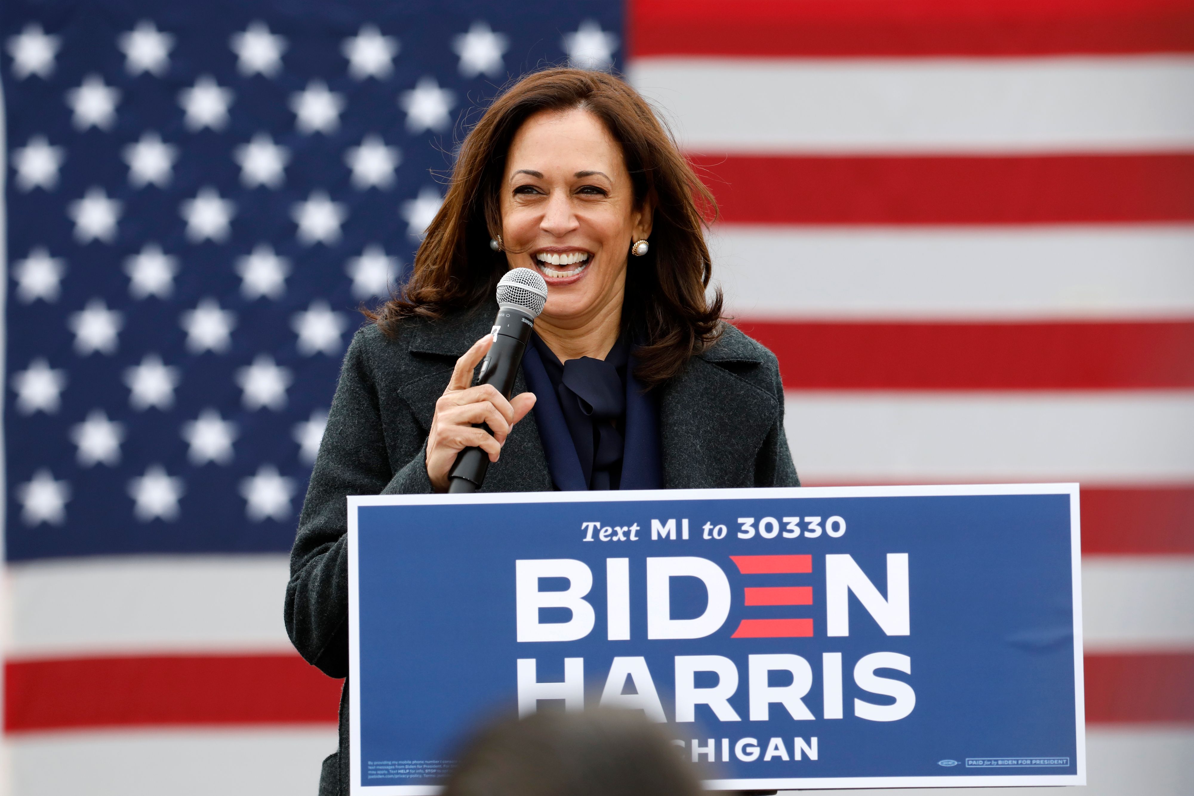 (FILES) In this file photo taken on October 25, 2020 Democratic vice presidential nominee Senator Kamala Harris (D-CA) speaks at a campaign stop at IBEW Local 58 in Detroit, Michigan. - Joe Biden has won the US presidency over Donald Trump, TV networks projected on November 7, 2020, a victory sealed after the Democrat claimed several key battleground states won by the Republican incumbent in 2016. CNN, NBC News and CBS News called the race in his favor, after projecting he had won the decisive state of Pennsylvania. His running mate, US Senator Kamala Harris, has become the first woman US Vice President elected to the office. (Photo by JEFF KOWALSKY / AFP)
