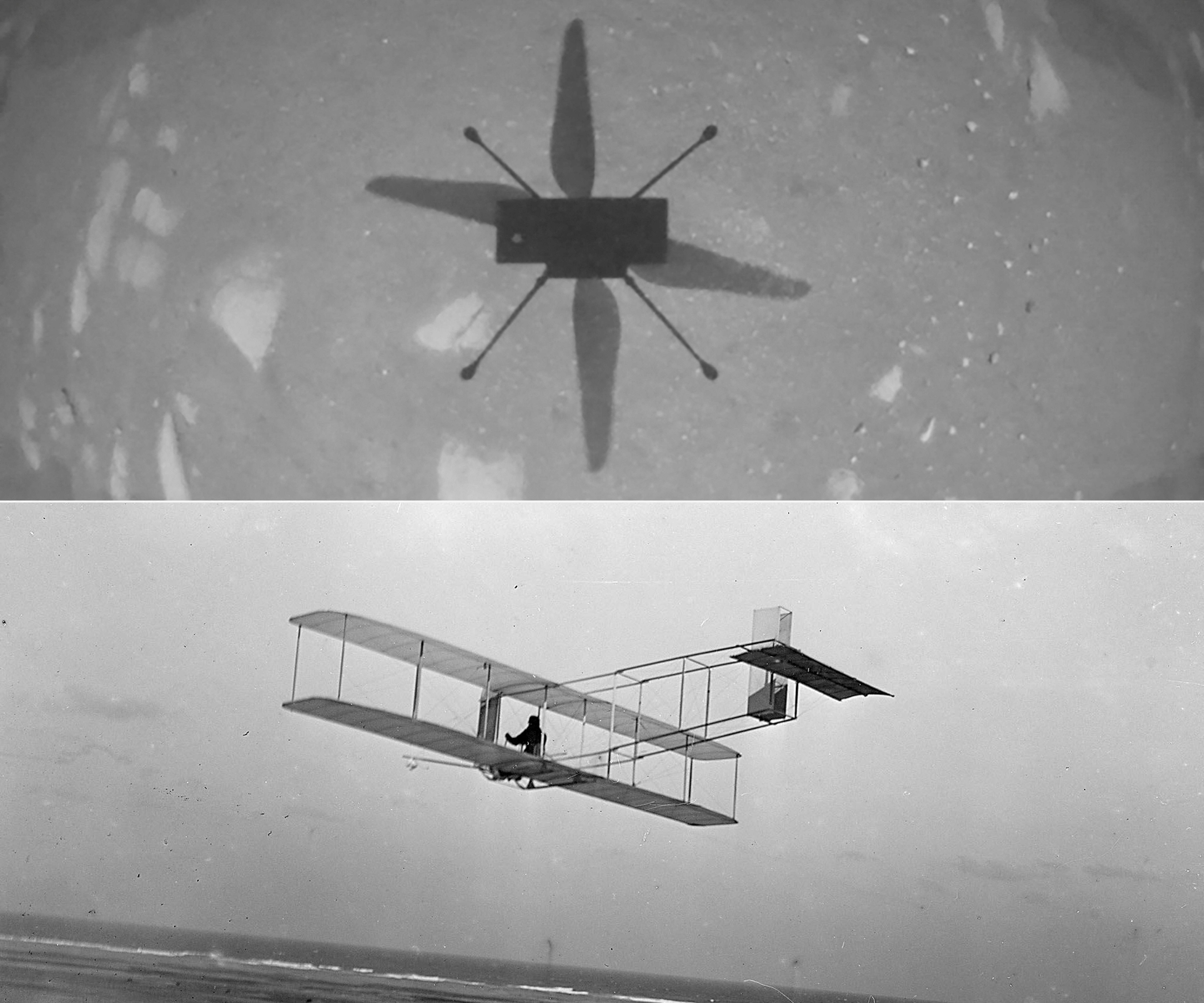 (COMBO) This combination of pictures created on April 19, 2021 shows shows NASA�s Ingenuity Mars Helicopter captured in this shot as it hovered over the Martian surface on April 19, 2021, during the first instance of powered, controlled flight on another planet, and this circa 1901 image courtesy of the Library of Congress of a three-quarter left rear view of a glider in flight at Kitty Hawk, North Carolina. - NASA successfully flew the Ingenuity helicopter on Mars on April 19, 2021, according to data and images sent back to Earth. "Altimeter data confirms that Ingenuity has performed its first flight -- the first flight of a powered aircraft on another planet," announced an engineer in the Jet Propulsion Laboratory as the control room cheered. (Photos by Handout / various sources / AFP) / RESTRICTED TO EDITORIAL USE - MANDATORY CREDIT "AFP PHOTO / NASA/JPL-Caltech/Library of Congress/HANDOUT" - NO MARKETING - NO ADVERTISING CAMPAIGNS - DISTRIBUTED AS A SERVICE TO CLIENTS