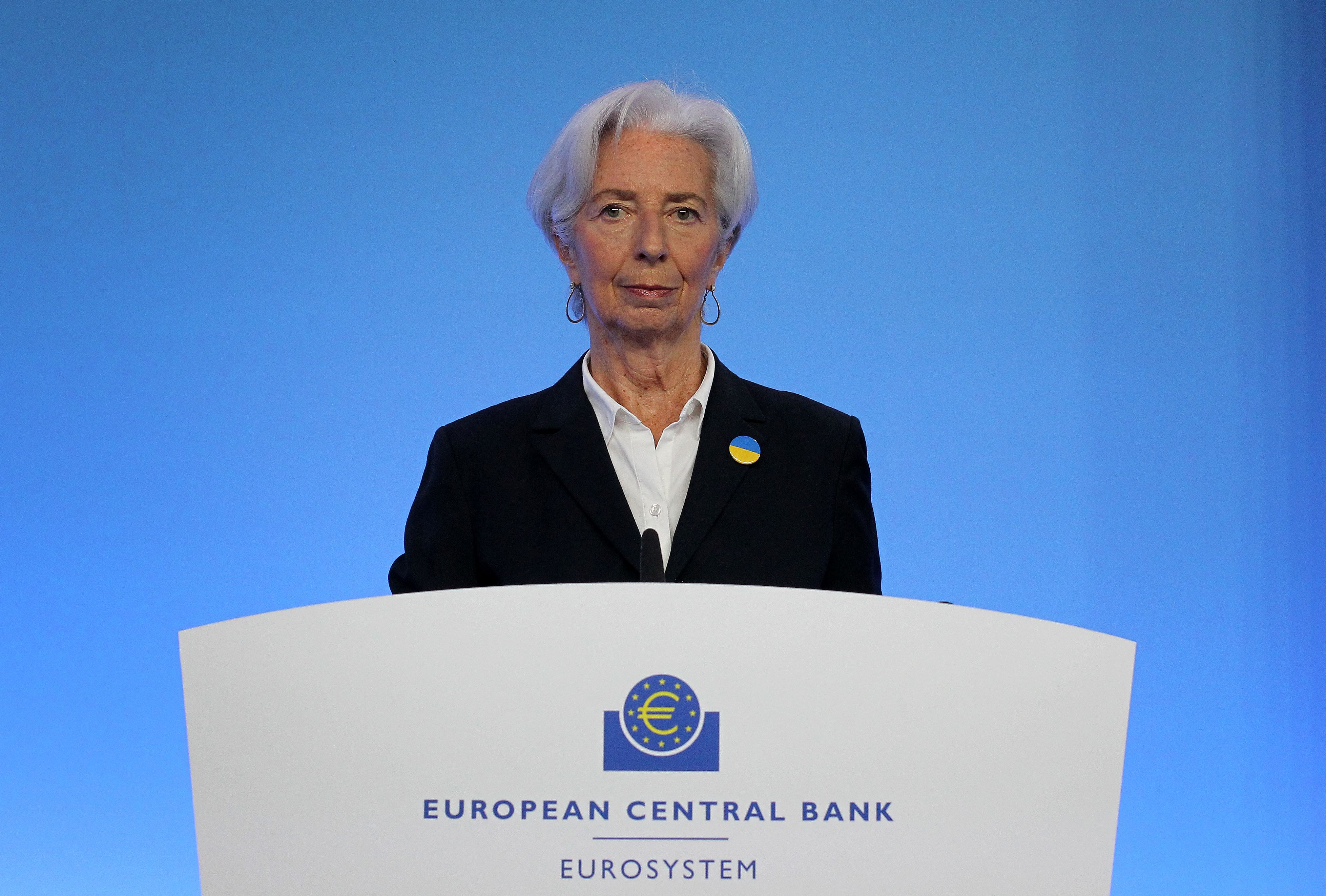 Christine Lagarde, President of the European Central Bank (ECB) holds a news conference following the meeting of the governing council of the ECB in Frankfurt am Main, western Germany, on March 10, 2022. - The European Central Bank sped up its plans to wind down its bond-buying programme but gave itself time before raising interest rates, as the conflict in Ukraine clouded the outlook for the eurozone. The Russian invasion was a "watershed for Europe", the bank said in a statement, reaffirming a pledge to "take whatever action" to stabilise the economy. (Photo by Daniel ROLAND / POOL / AFP)