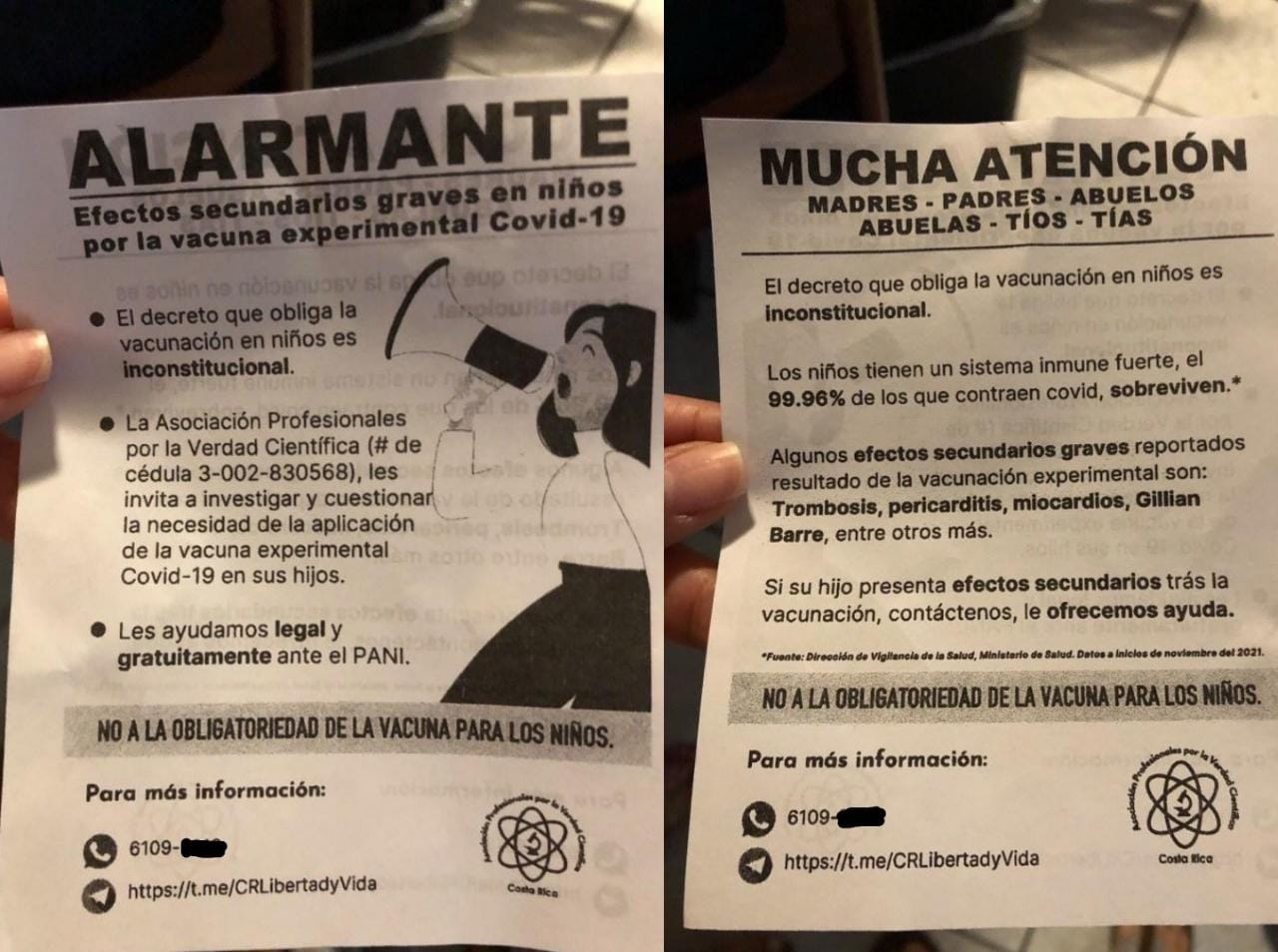 Este es el panfleto que entregó el colectivo antivacunas en el centro de Puriscal en los últimos días. También ha utilizado esta estrategia en la capital y en zonas rurales como Bagaces de Guanacaste. Foto: cortesía