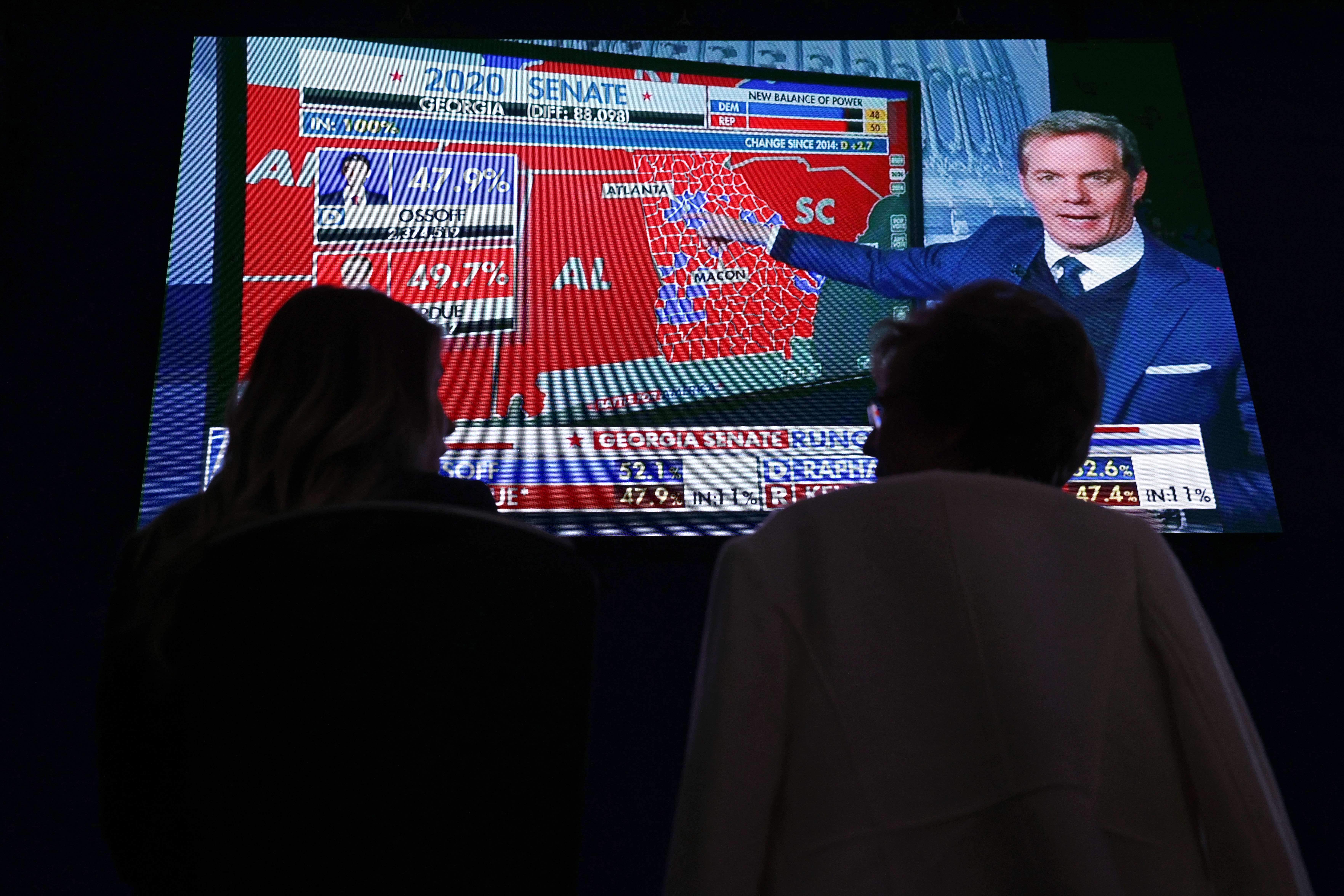 ATLANTA, GEORGIA - JANUARY 05: Guests waits for election results during a run-off election night party at Grand Hyatt Hotel in Buckhead January 5, 2021 in Atlanta, Georgia. Voters in Georgia headed to the polls today for the two Senate run-off elections, pitting incumbents Sen. David Perdue (R-GA) and Sen. Kelly Loeffler (R-GA) against Democratic candidates Rev. Raphael Warnock and Jon Ossoff, which will determine which party controls the U.S. Senate. Alex Wong/Getty Images/AFP
== FOR NEWSPAPERS, INTERNET, TELCOS & TELEVISION USE ONLY ==