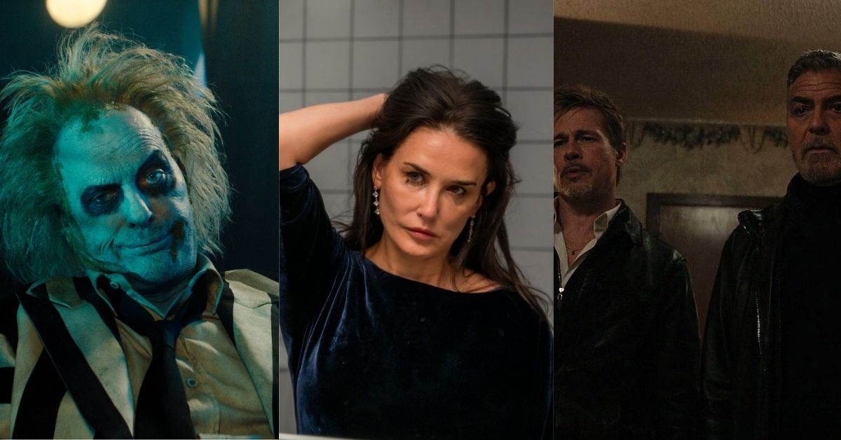 Foto de las películas Beetlejuice, La sustancia y Wolfs para ilustrar un contenido de crítica sobre los estrenos del cine en 2024