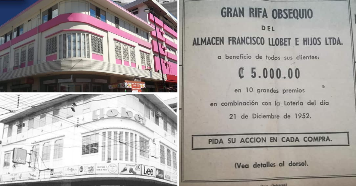 Vista de la fachada actual del Almacén Llobet en Alajuela junto a una foto histórica del edificio y un anuncio publicitario de una rifa navideña de 1952.