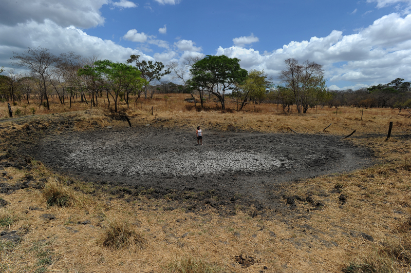 28 de abril del 2014. Afectaciones de la sequía en la provincia de Guanacaste. Impacto de la sequía y de la influencia del inicio del fenómeno del Niño en la ganadería, agricultura y la ecología de la zona. En la foto: Karen López Avalos (30) vive con su esposo David (71) en una pequeña finca en Marañonal de Bagaces. En la actualidad tienen 12 vacas y el único pozo construido por ellos hace 15 años está seco en su totalidad por lo que tienen que compartir el agua para consumo humano con las reces.
