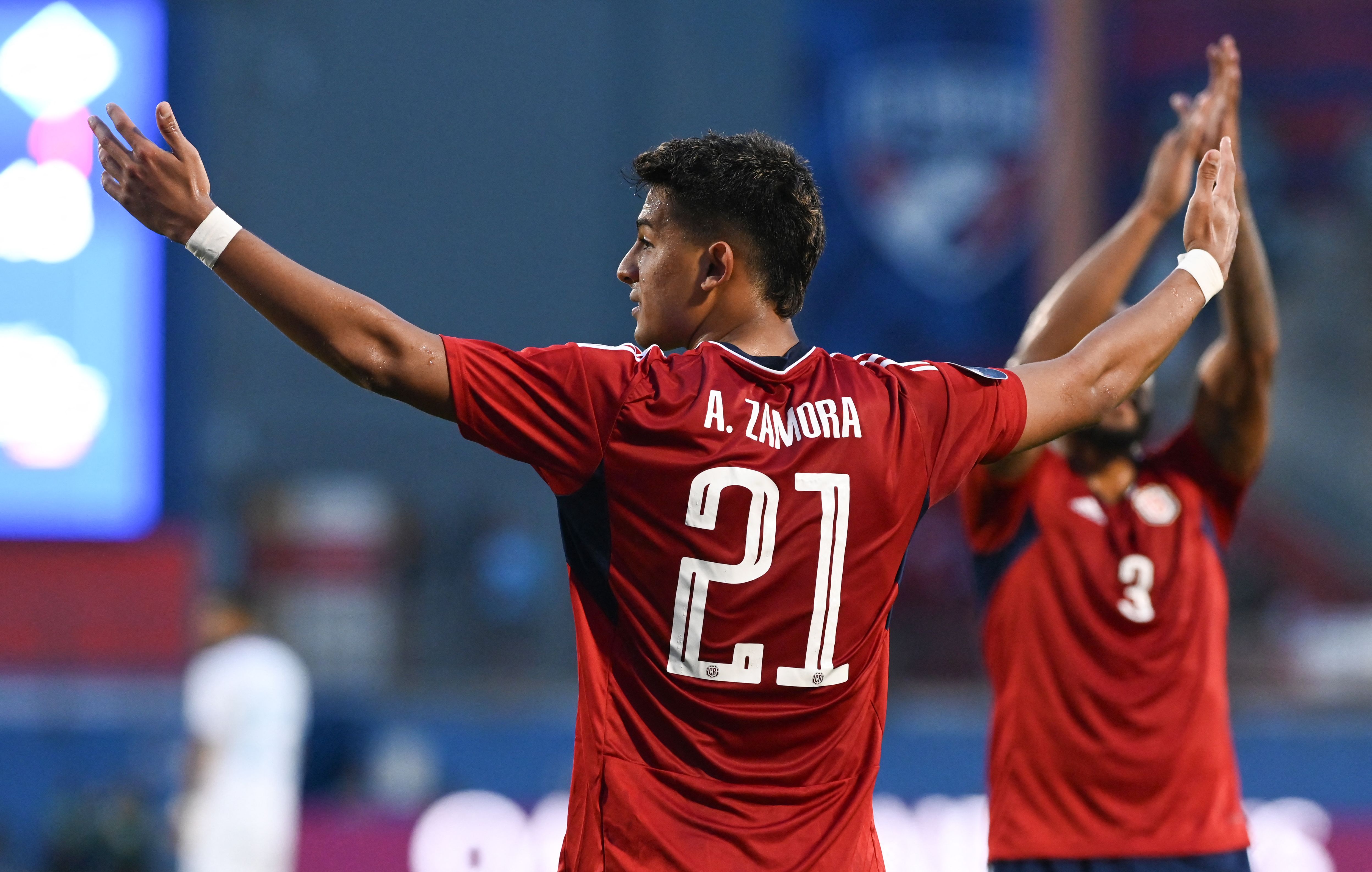 Costa Rica's forward #21 Alvaro Zamora celebretes his team's goal during the Concacaf Nations League play-off football match between Costa Rica and Honduras at the Toyota Stadium in Frisco, Texas, March 23, 2024. (Photo by Orlando SIERRA / AFP)