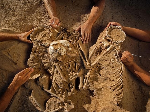 In this undated photo released by the National Geographic, archaelogist work on a triple burial containing a woman and two children, who were 5 (left) and 8 years old, their limbs entwined was discovered at the Gobero site in Niger. The skeletons showed no sign of injury and had been ceremonially posed and buried, along with four arrowheads. The largest Stone Age graveyard found in the Sahara, providing an unparalleled record of life when the region was green, was discovered in Niger by National Geographic Explorer-in-Residence and University of Chicago Professor Paul Sereno and his team during a dinosaur-hunting expedition. The site, dating back 10,000 years and called Gobero after the Tuareg name for the area, was brimming with skeletons of humans and animals, including large fish and crocodiles. AFP PHOTO/MANDATORY CREDIT: Mike Hettwer ©2008 National Geographic IMAGE IS FOR YOUR ONE-TIME EXCLUSIVE USE ONLY AS A TIE-IN WITH THE NATIONAL GEOGRAPHIC GOBERO PRESS ANNOUNCEMENT/NO SALES/NO TRANSFERS/EMBARGOED:12h00 EDT (16h00 GMT) August 14, 2008/NO MORE THAN 4 OF THE GOBERO PHOTOS MAY BE USED PER PUBLICATION =GETTY OUT=