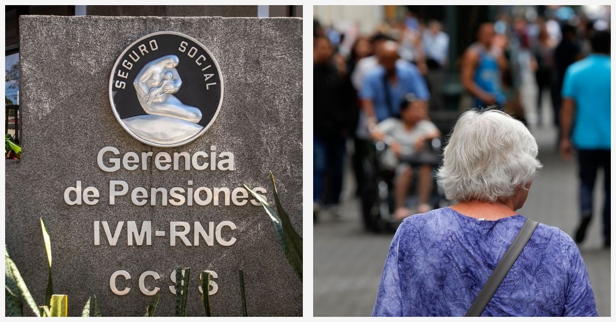 Logo de la Caja que administra el IVM. Una adulta mayor en la Avenida Central en San José.