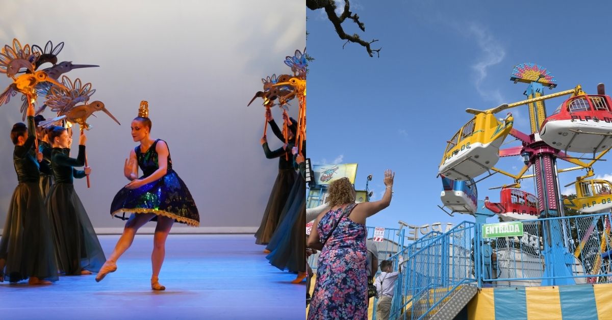 Izq: Foto del ballet 'En las ramas del ciprés'. Der: Foto de una atracción en las Ferias de Zapote. Ilustra contenido sobre actividades en fin de año en la GAM