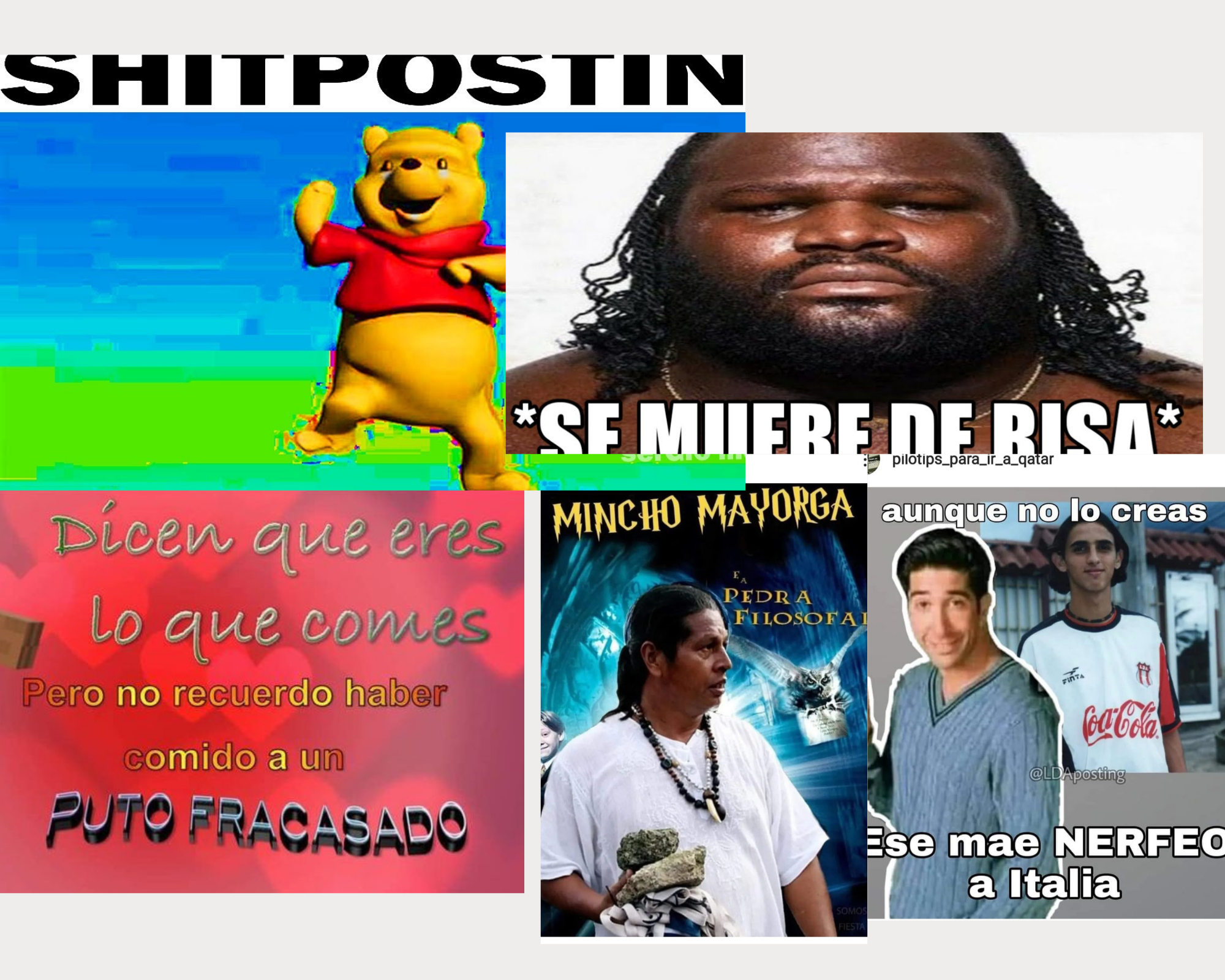 Hay incalculables cuentas en Instagram de shitposting. Montajes a la carrera, con faltas ortográficas provocan un humor particular e hipnótico. Foto: diseño propio
