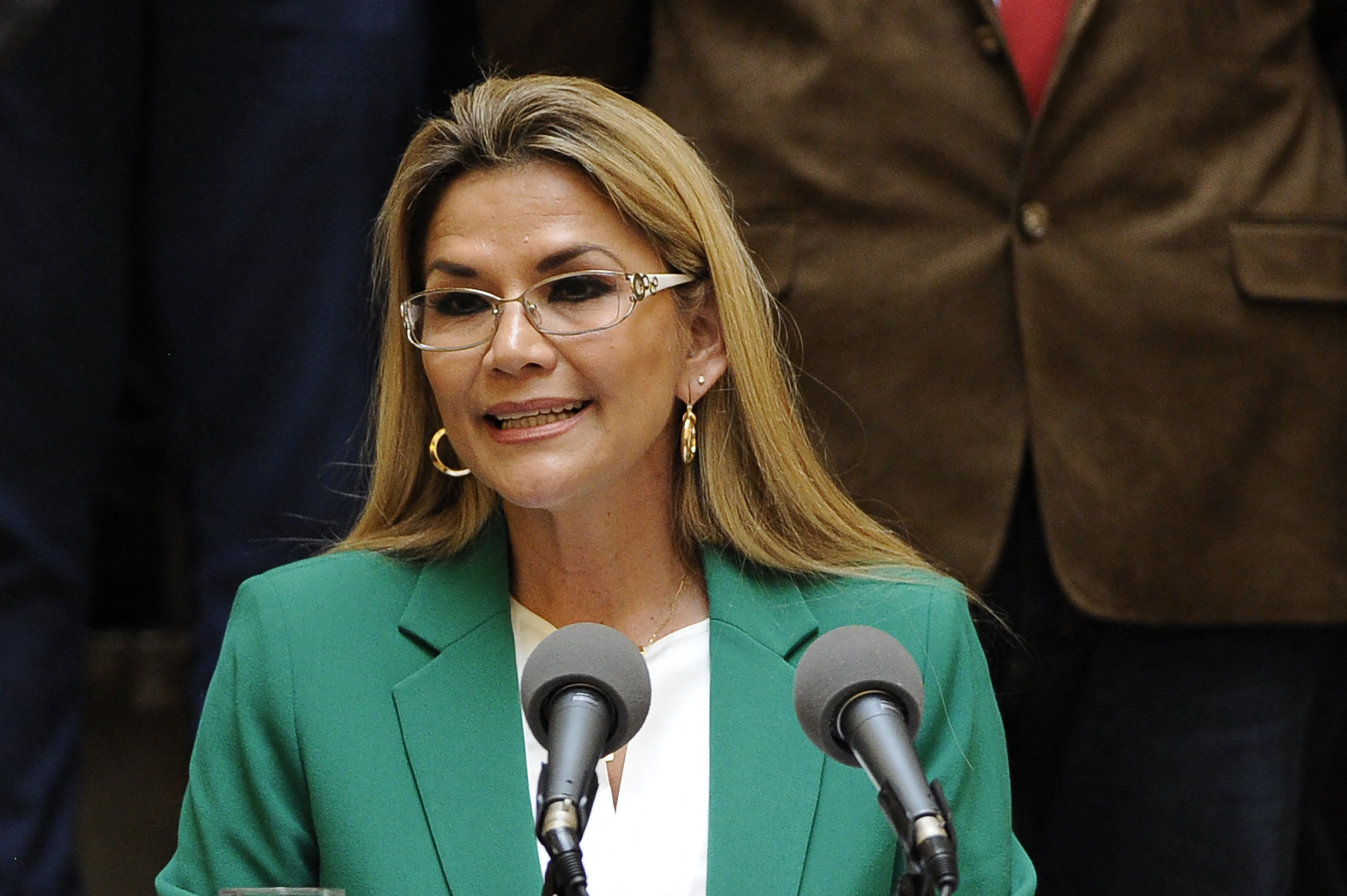 (FILES) In this file photo taken on January 22, 2020 Bolivian interim President Jeanine Anez gives a speech during the celebration of Plurinational State day at Palacio Quemado, in La Paz. - Bolivian ex-president Jeanine Anez was sentenced to 10 years in prison on June 10, 222 over an alleged plot to oust her rival and predecessor Evo Morales. (Photo by JORGE BERNAL / AFP)