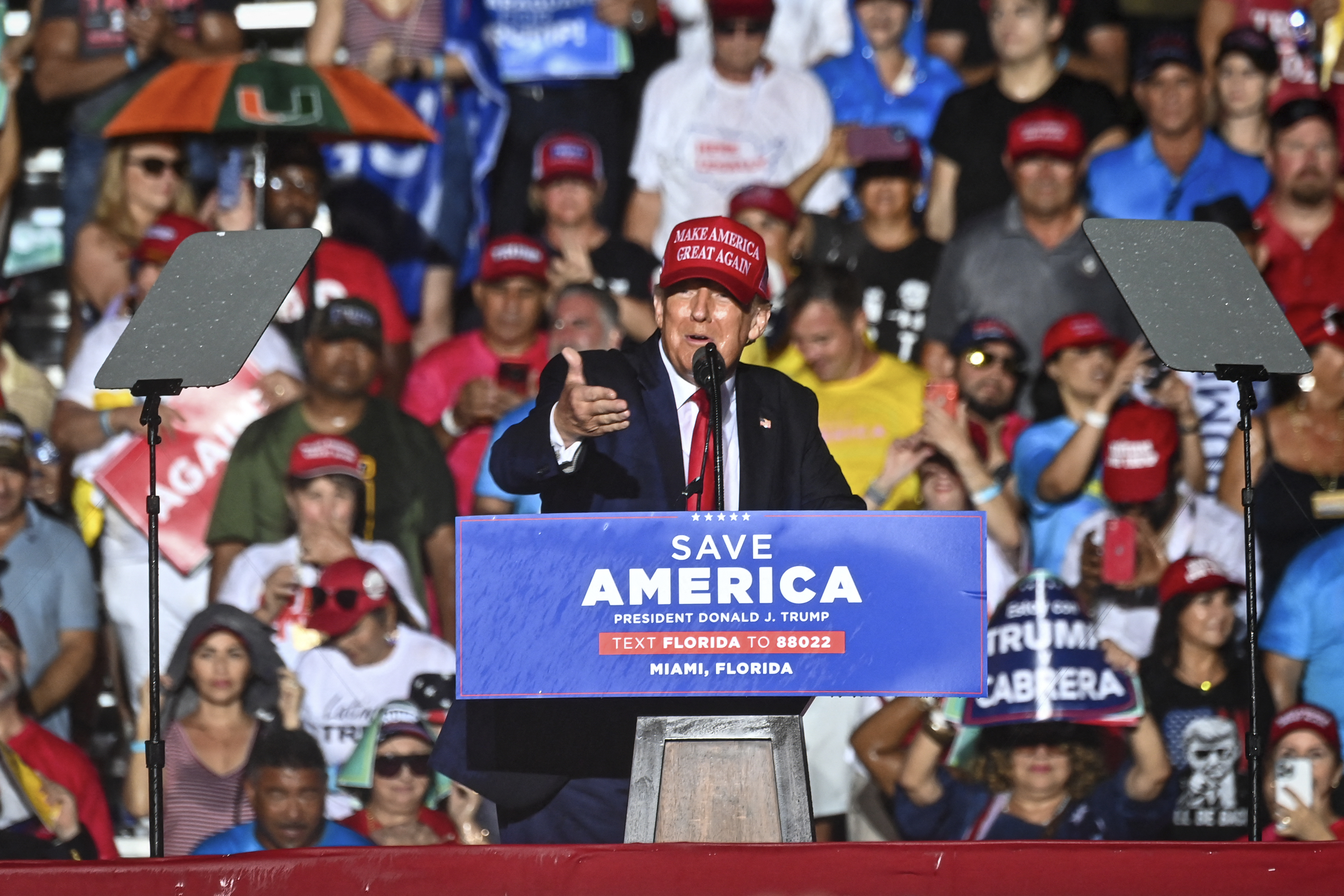 Former US President Donald Trump speaks during a "Save America" rally in support of US Senator Marco Rubio (R-FL) ahead of the midterm elections at Miami-Dade County Fair and Exposition in Miami, Florida, on November 6, 2022. (Photo by Eva Marie UZCATEGUI / AFP)