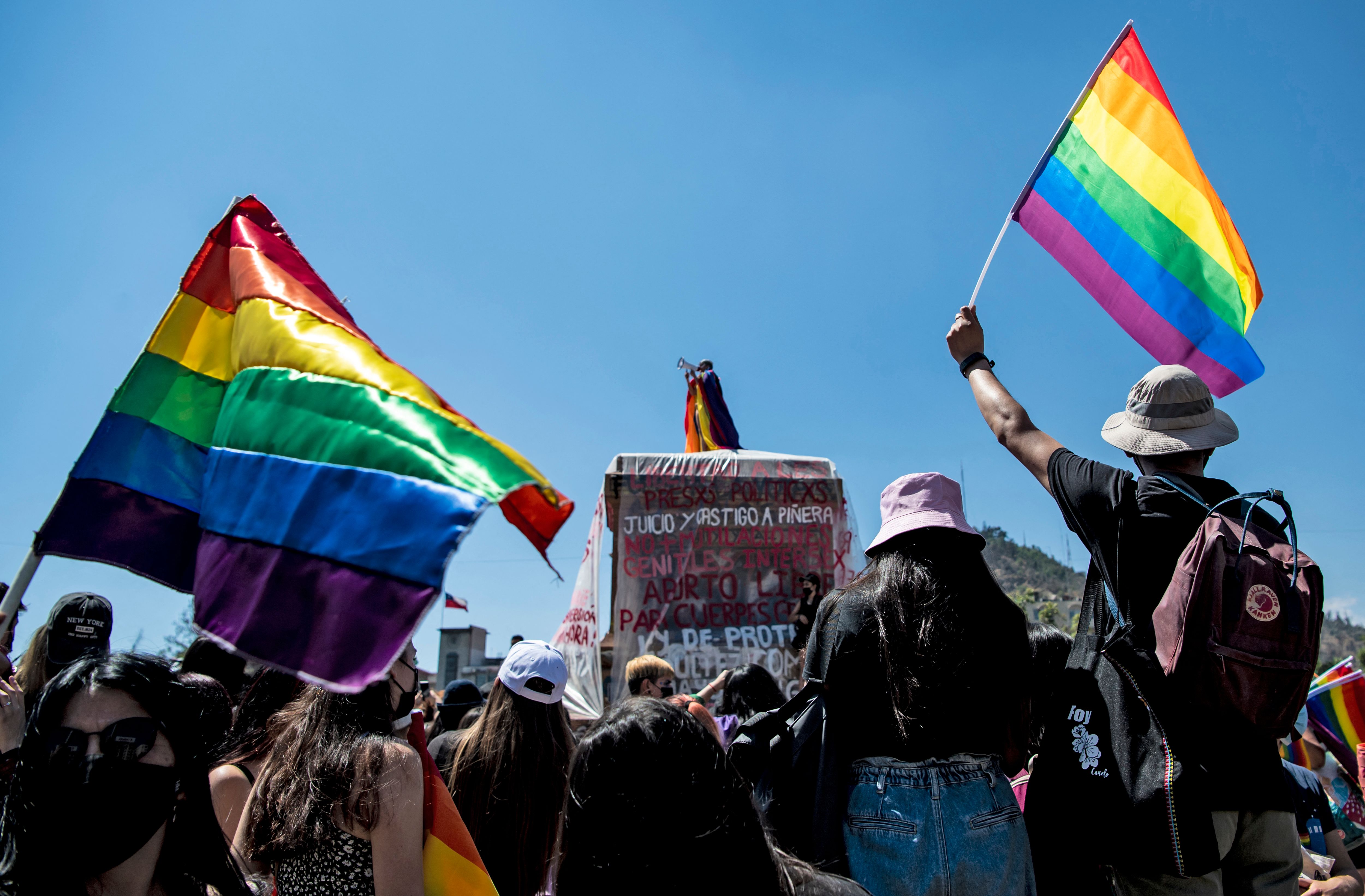 Revelers hold rainbow flags during the Pride Parade in Santiago, on November 13, 2021. (Photo by MARTIN BERNETTI / AFP)