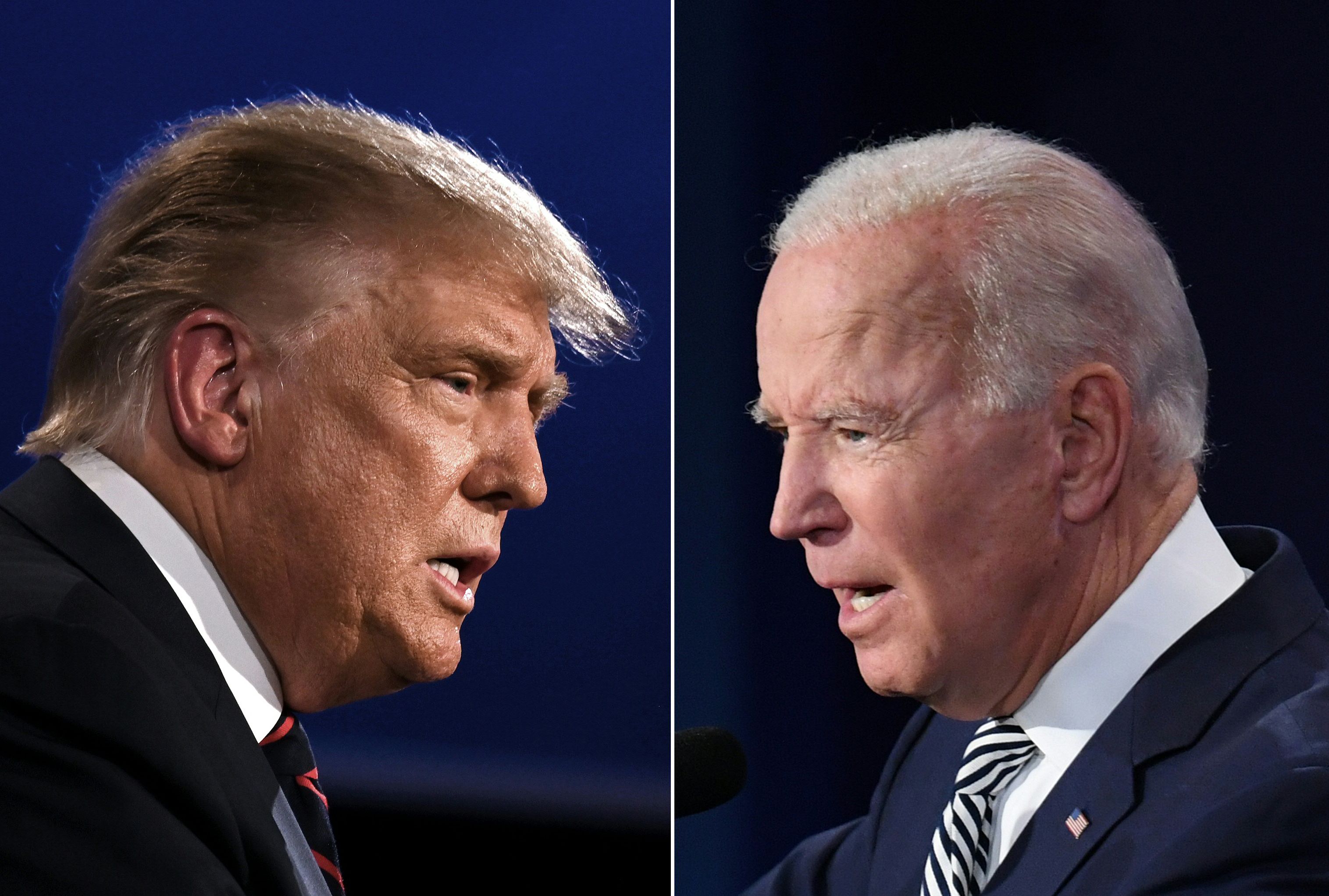 (COMBO) This combination of file pictures created on September 29, 2020 shows US President Donald Trump (L) and Democratic Presidential candidate former Vice President Joe Biden squaring off during the first presidential debate at the Case Western Reserve University and Cleveland Clinic in Cleveland, Ohio. - Trump, who is still being treated for Covid-19, said on October 8, 2020, he will refuse to take part in the presidential debate on October 15 after it was switched to a virtual format. "I'm not going to do a virtual debate," he told Fox Business News, saying this was "not acceptable to us." (Photos by JIM WATSON and SAUL LOEB / AFP)