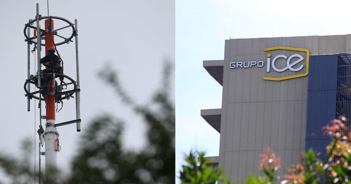en la imagen una antena de telecomunicaciones y la fachada del grupo ICE