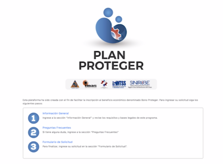 El Gobierno lanzó el sitio proteger.go.cr, para recibir los formularios de las personas que necesitan pedir el bono por haber perdido su trabajo, tener su contrato suspendido o su salario reducido. Foto: Captura de pantalla sitio web.