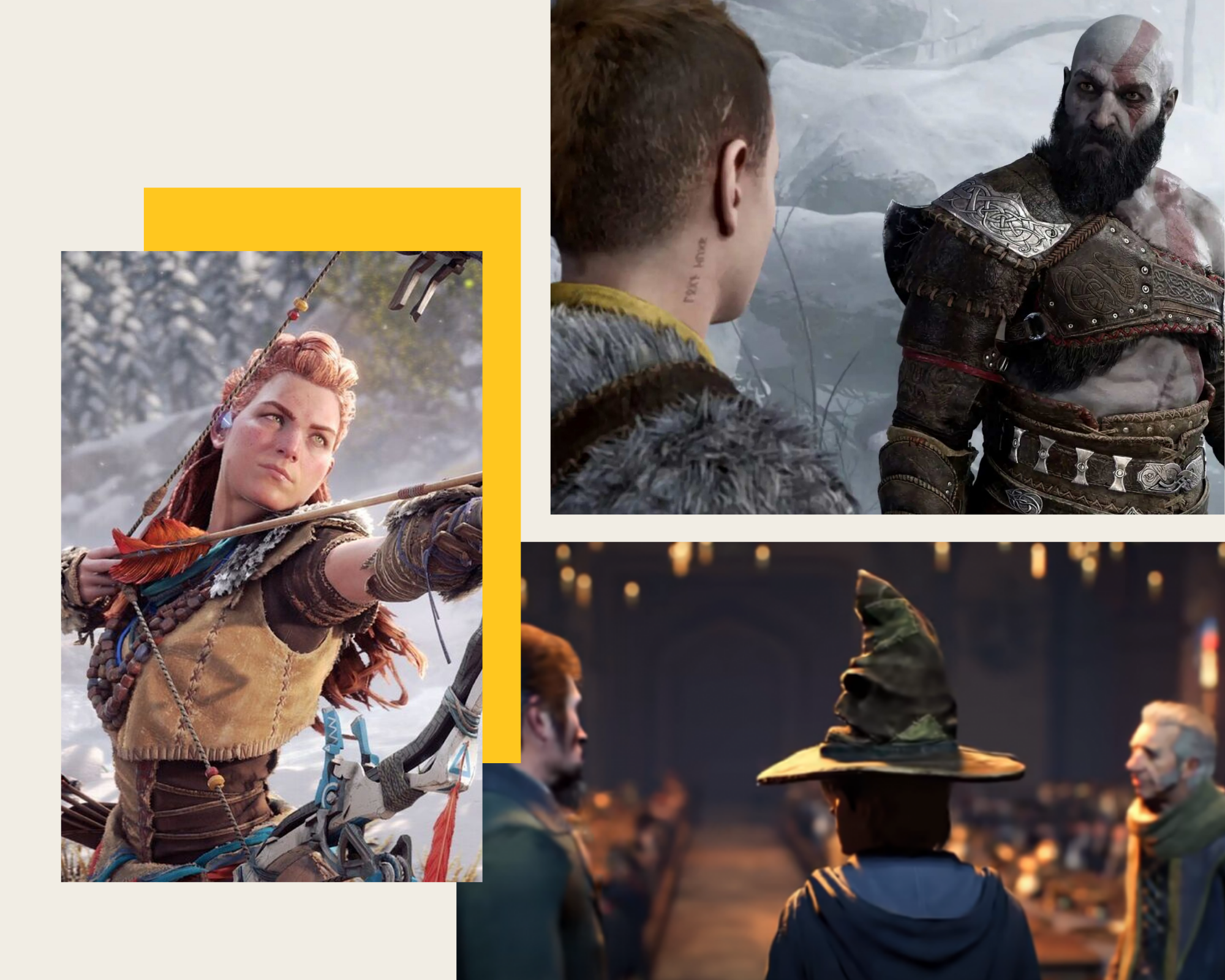 Aloy (izquierda) y Kratos (arriba) son dos personajes infaltables en el mundo gamer. También se estrenará Hogwarts Legacy, inspirada en el mundo de Harry Potter. Foto: diseño propio.
