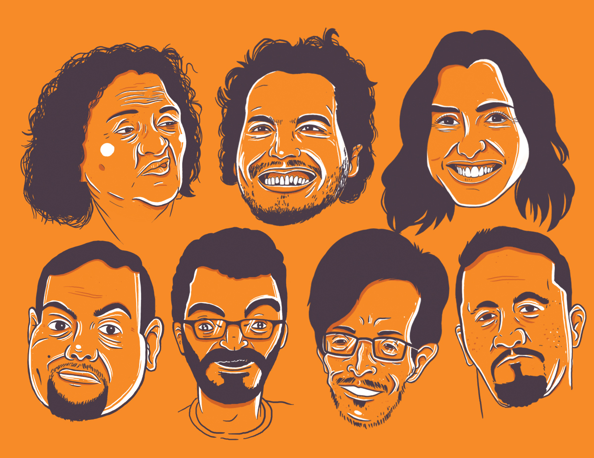La Nación conversó con 15 comediantes sobre el oficia de hacer comedia. En la imagen de izquierda a derecha: Marcía Saboría, Hernán Jiménez, Natalia Monge, Daniel Moreno, Pablo Montoya, Rodrigo Villalobos y Gustavo Pelaéz.