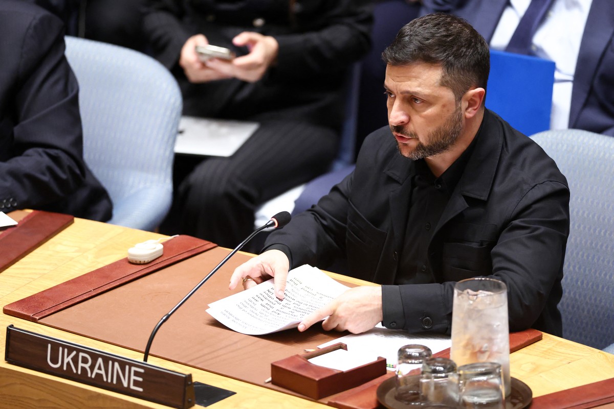 Volodímir Zelenski en la reunión del Consejo de Seguridad de las Naciones Unidas dedicada a Ucrania este 22 de setiembre en Nueva York.