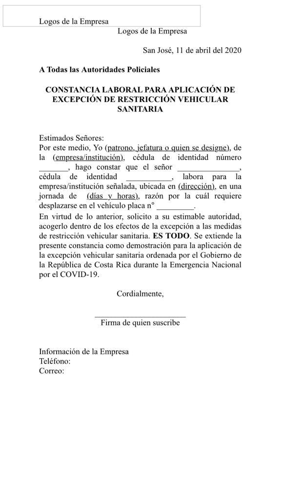 Carta para restricción vehicular sanitaria en Costa Rica: esto debe decir |  La Nación