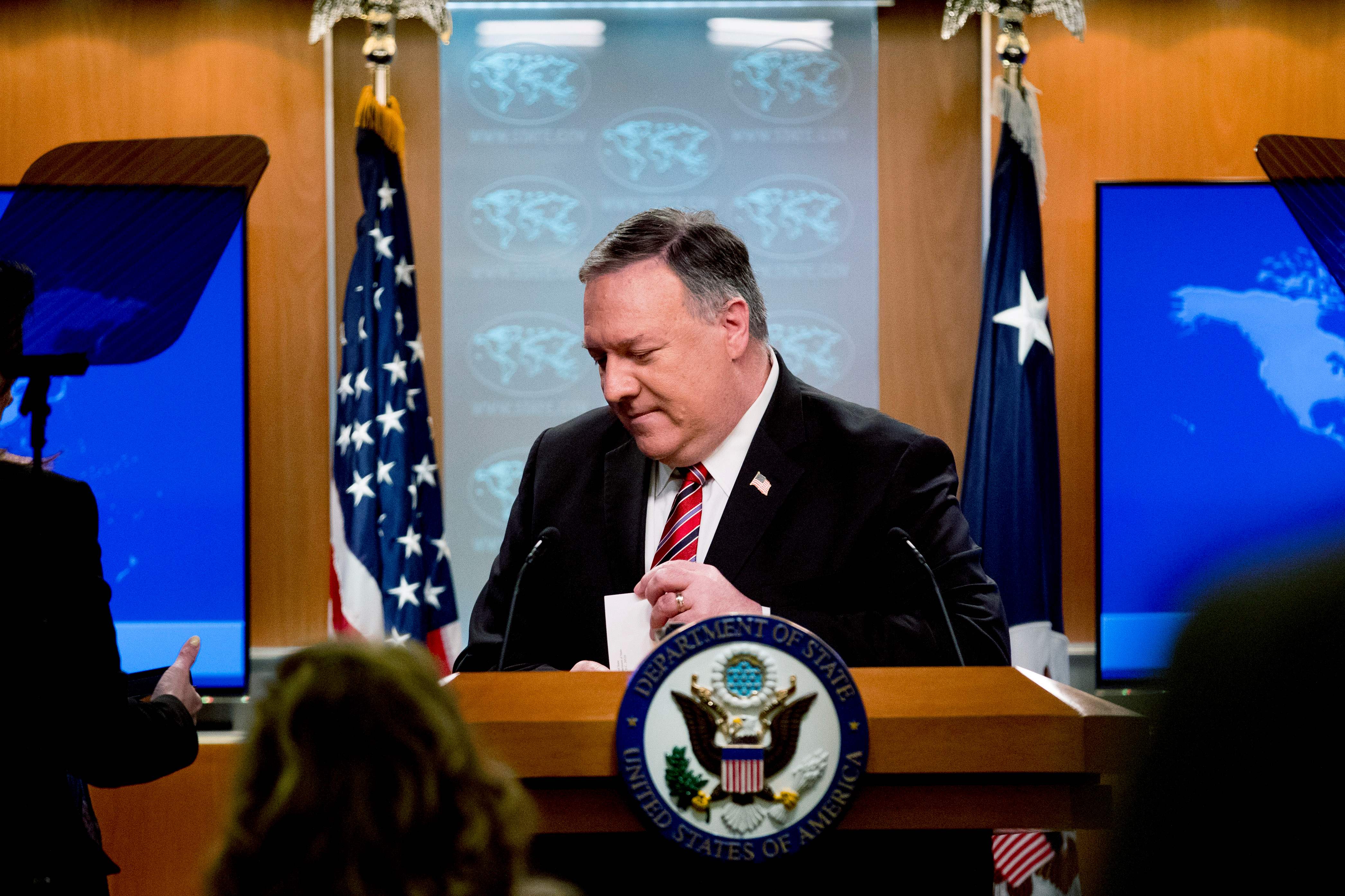 US Secretary of State Mike Pompeo steps away from the podium following a news conference at the State Department on April 29, 2020, in Washington,DC. (Photo by Andrew Harnik / POOL / AFP)