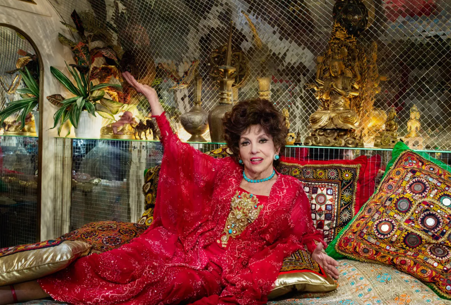 Gina Lollobrigida in the Indian-style den of her villa on the Via Appia Antica, in Rome, summer 2014.PHOTOGRAPH BY JONATHAN BECKER.