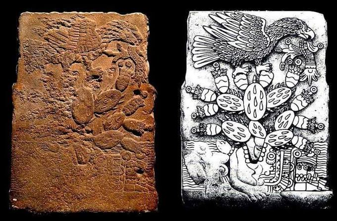 Monolito mexica de la fundación de Tenochtitlán. Marco A. Cervera O., Guerreros aztecas, 2011.