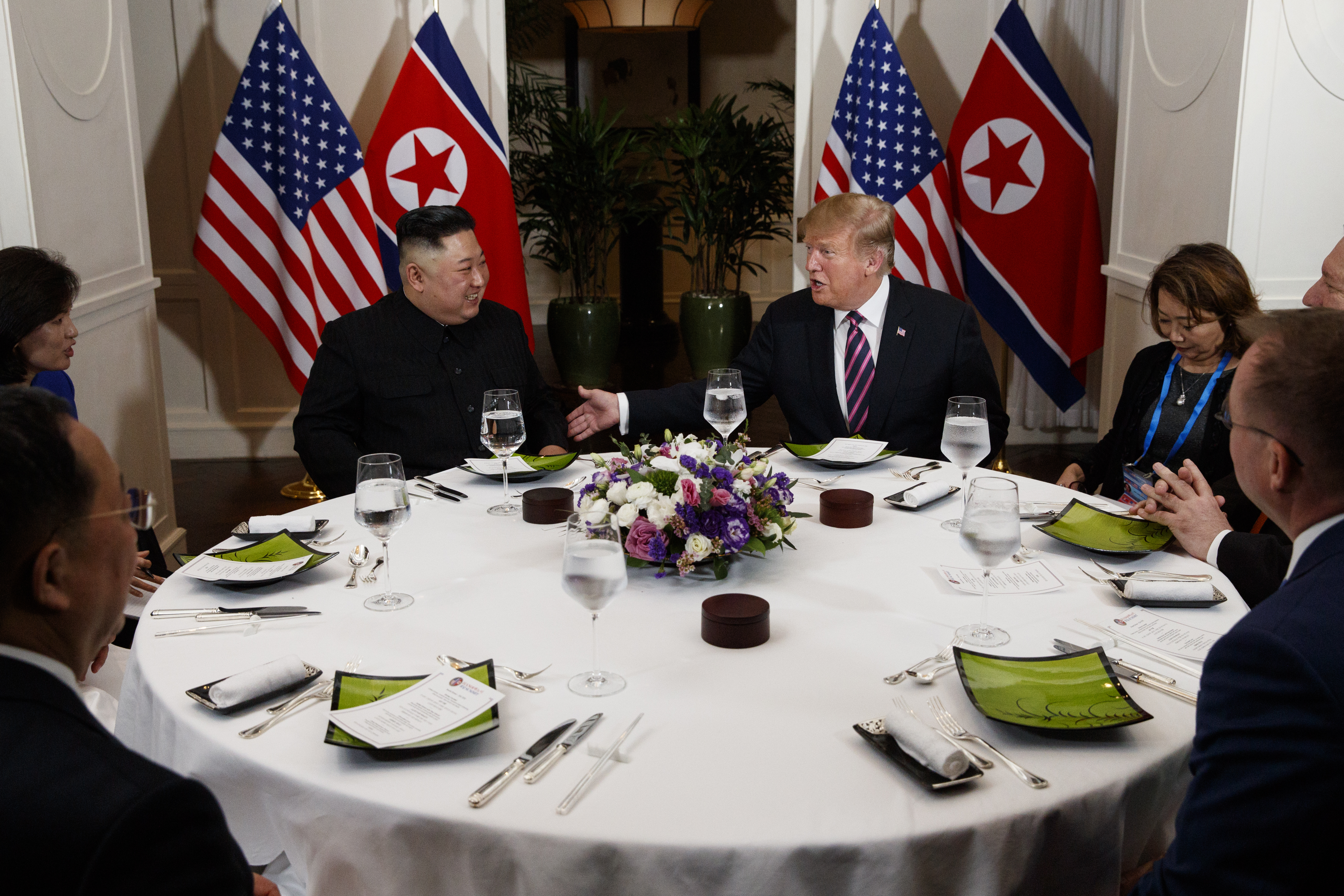 President Donald Trump speaks during a dinner with North Korean leader Kim Jong Un, Wednesday, Feb. 27, 2019, in Hanoi. (AP Photo/ Evan Vucci)