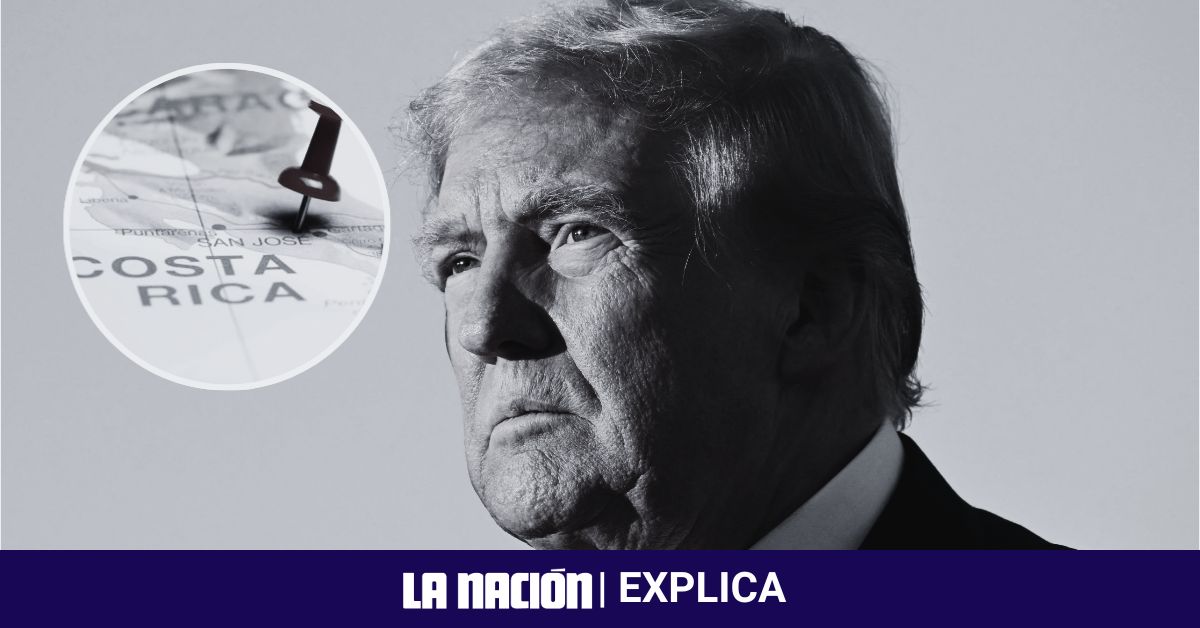 Retrato en blanco y negro de Donald Trump con una imagen insertada de un mapa con un pin en Costa Rica, representando el impacto de los aranceles anunciados por el expresidente en la economía del país.