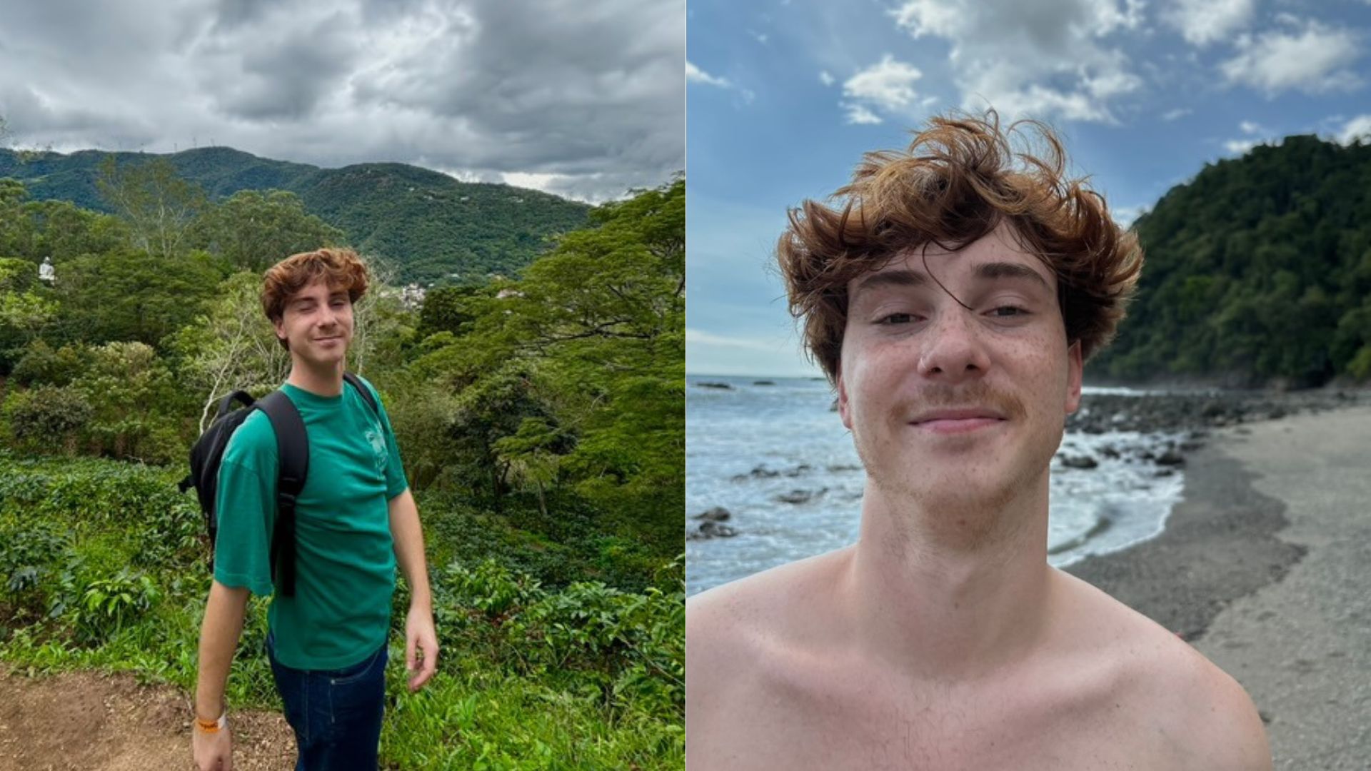 Dos imágenes de Mischa van der Kolk, neerlandés que vive en Costa Rica. En la primera, está en un bosque y en la segunda en una playa.