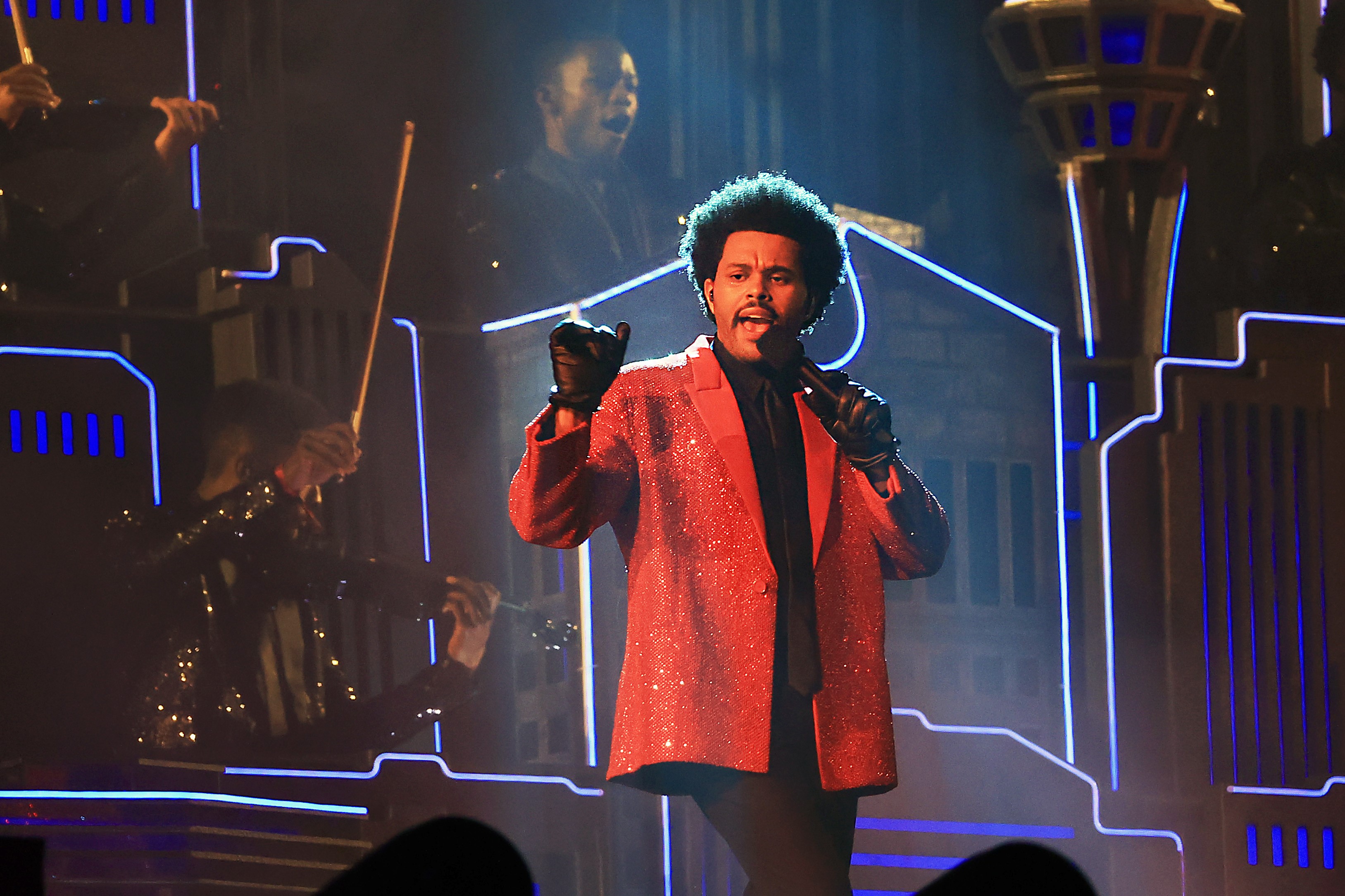 TAMPA, FLORIDA - FEBRUARY 07: The Weeknd performs during the Pepsi Super Bowl LV Halftime Show at Raymond James Stadium on February 07, 2021 in Tampa, Florida. Mike Ehrmann/Getty Images/AFP
== FOR NEWSPAPERS, INTERNET, TELCOS & TELEVISION USE ONLY ==