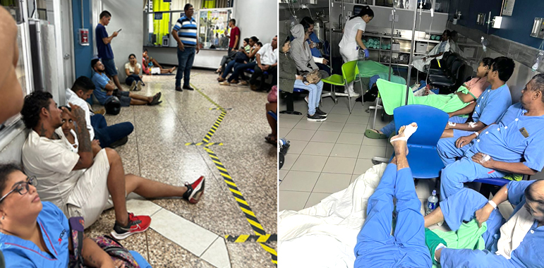 Esta imagen compuesta por dos fotografías, evidencia a personas a la espera de atención dentro del hospital de Guápiles y otras recibiendo cuidado en condiciones indadecuadas. Fotografía: Cortesía Jorge Méndez Z.