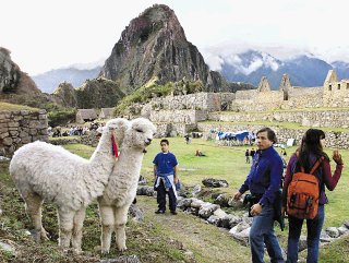 (FILE) Undated photograph of tourists watching the llamas at the ruins of Machu Pichu in Cuzco (Andean SE, Peru) one of the ten most important archaelogical places in the world, according to the UNESCO. A huge mudslide has swept over the railroad tracks to Machu Picchu, 13 October, 2005 stranding almost 2,000 US and European tourists at the ancient Inca citadel where they may remain until Saturday, authorities said. The mudslide covered about 500 meters of the track linking Machu Picchu to the city of Cusco, and some of the track was under two meters of water, said a source at Peru Rail, which runs the rail service. AFP PHOTO/Alejandra Brun